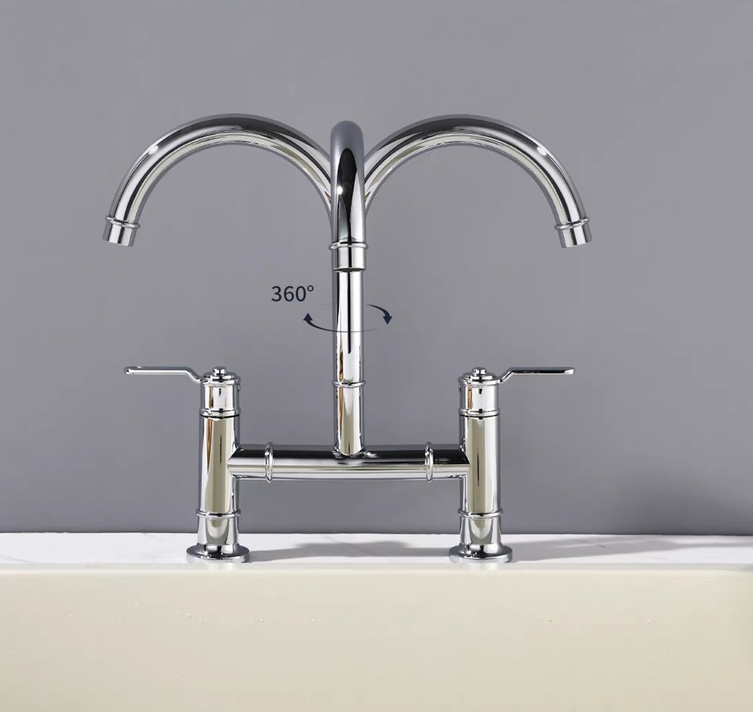 Brass Chrome Kitchen Faucet Double Handles Sink Mixer Tap Two Holes Deck Mounted