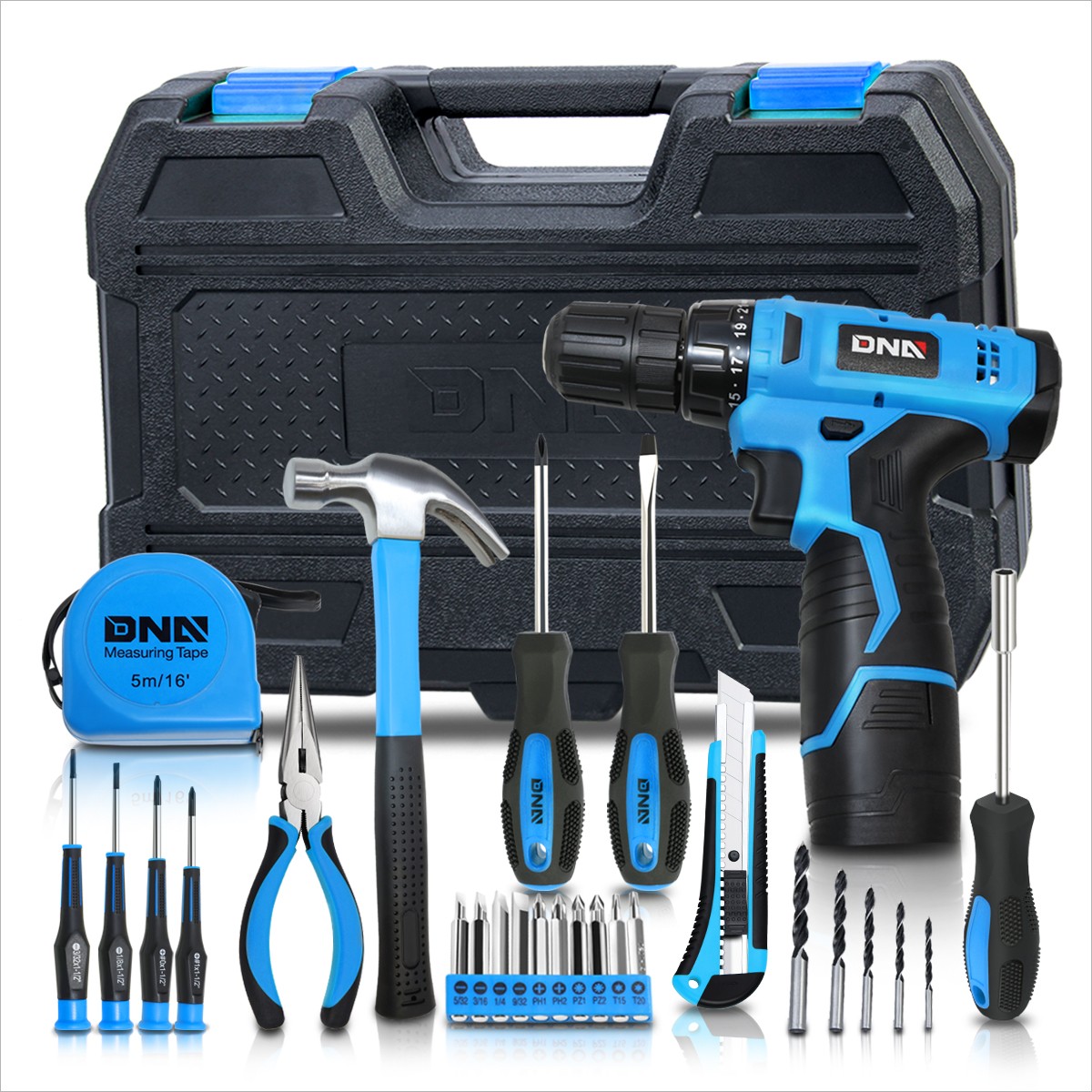 [Cordless Drill+Bits\Hammer\Tapeline\Screwdriver] 27Pcs Household Toolbox Blue