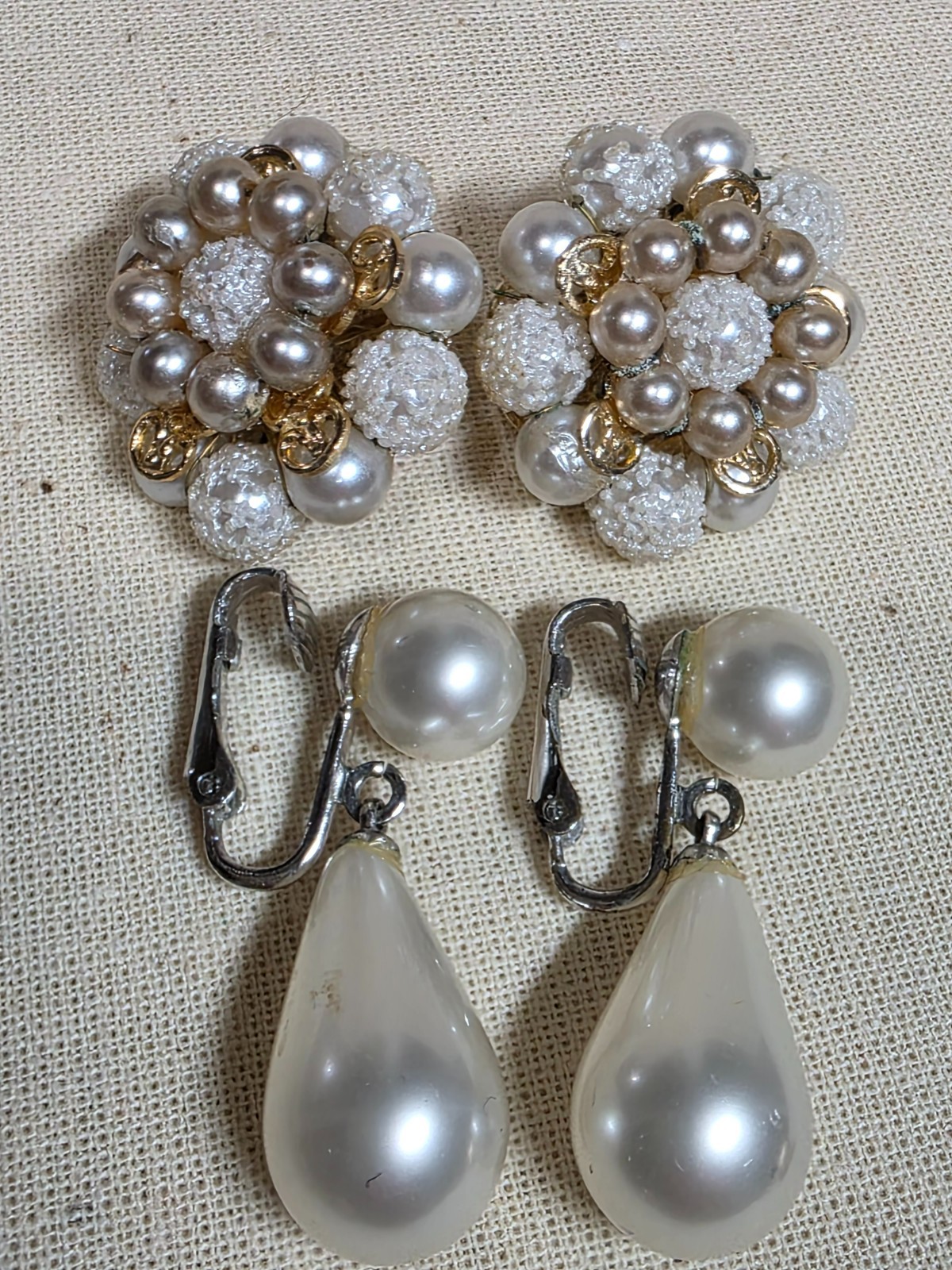 Vintage Clip-on Earrings Two Pair Faux Pearl Marked