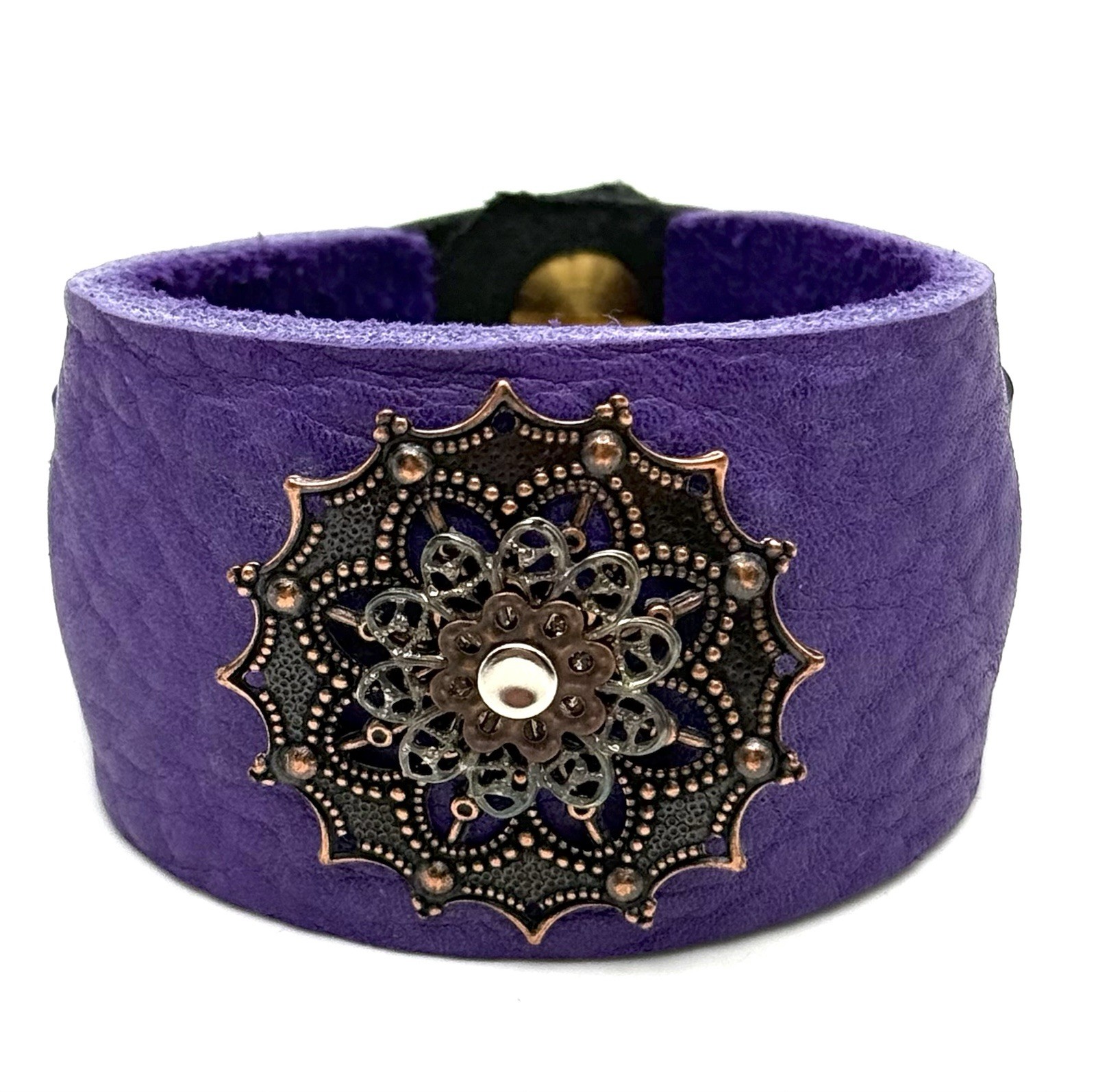 Purple & Black Leather Bracelet Copper Color Concho Motif Artisan Made 7.5” **