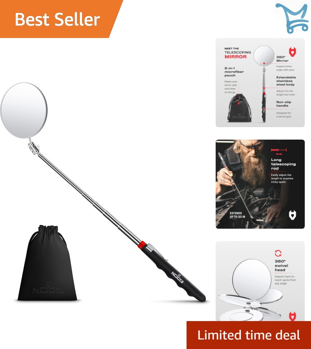 Heavy Duty Telescoping Inspection Mirror Stainless Steel 3.23 Inch 30in Exten...
