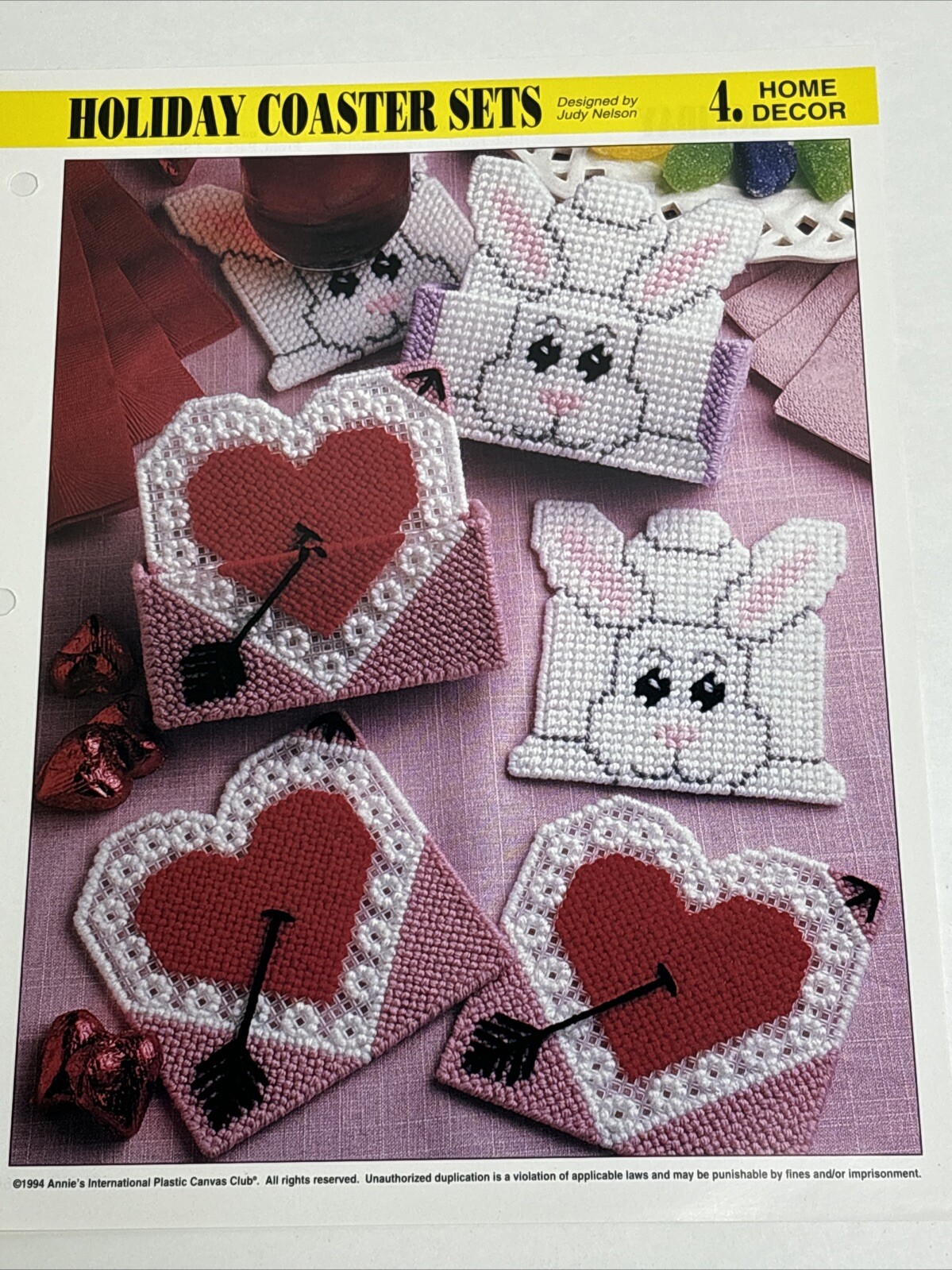 Holiday Coasters Set Heart & Rabbit Annie's Attic Plastic Canvas Pattern Page