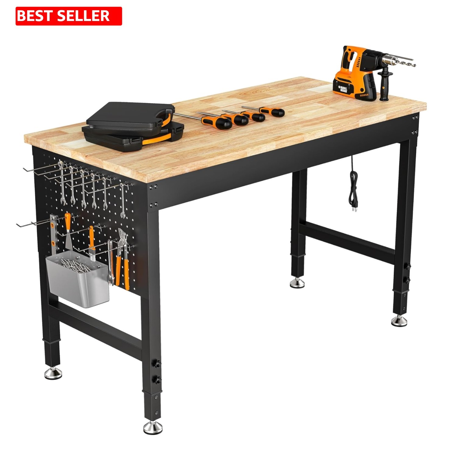 Rubber Wood Adjustable Workbench with Pegboard & Power Outlets for Home Use