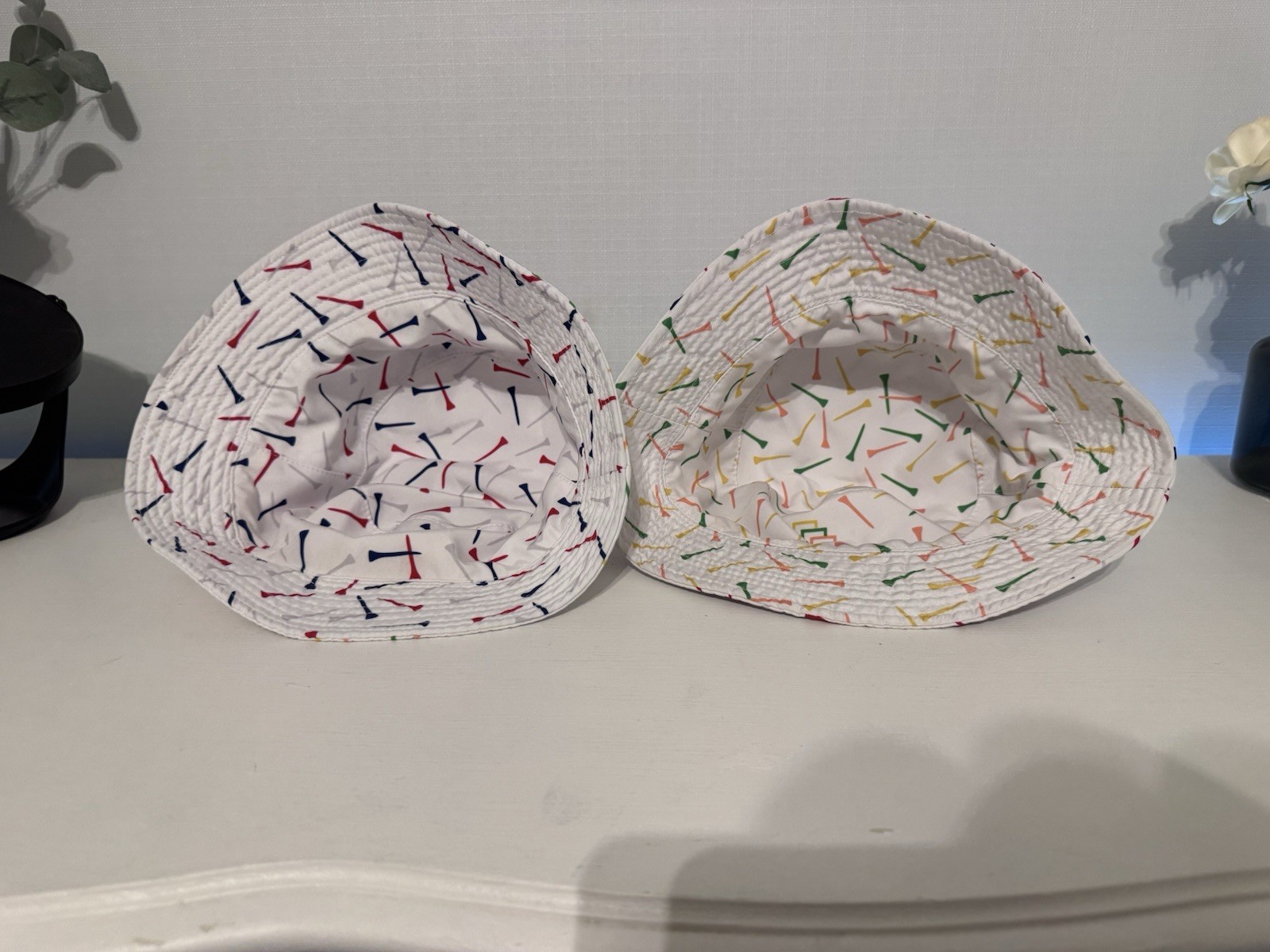 White Bucket Hat With Golf Tee Design Reversible One Size
