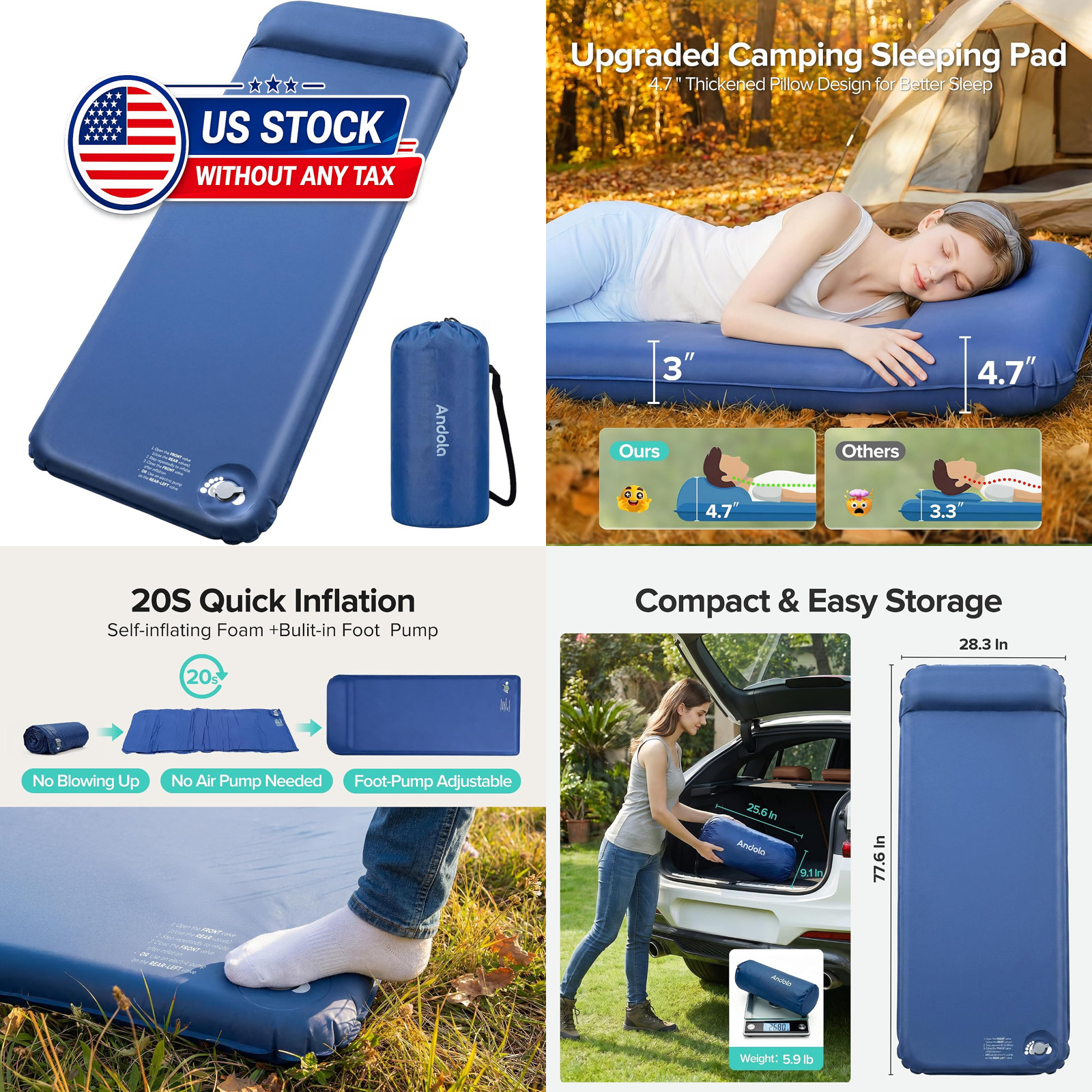Self Inflating Sleeping Pad for Camping, 3 Inch Thick Memory Foam Sleeping Pad
