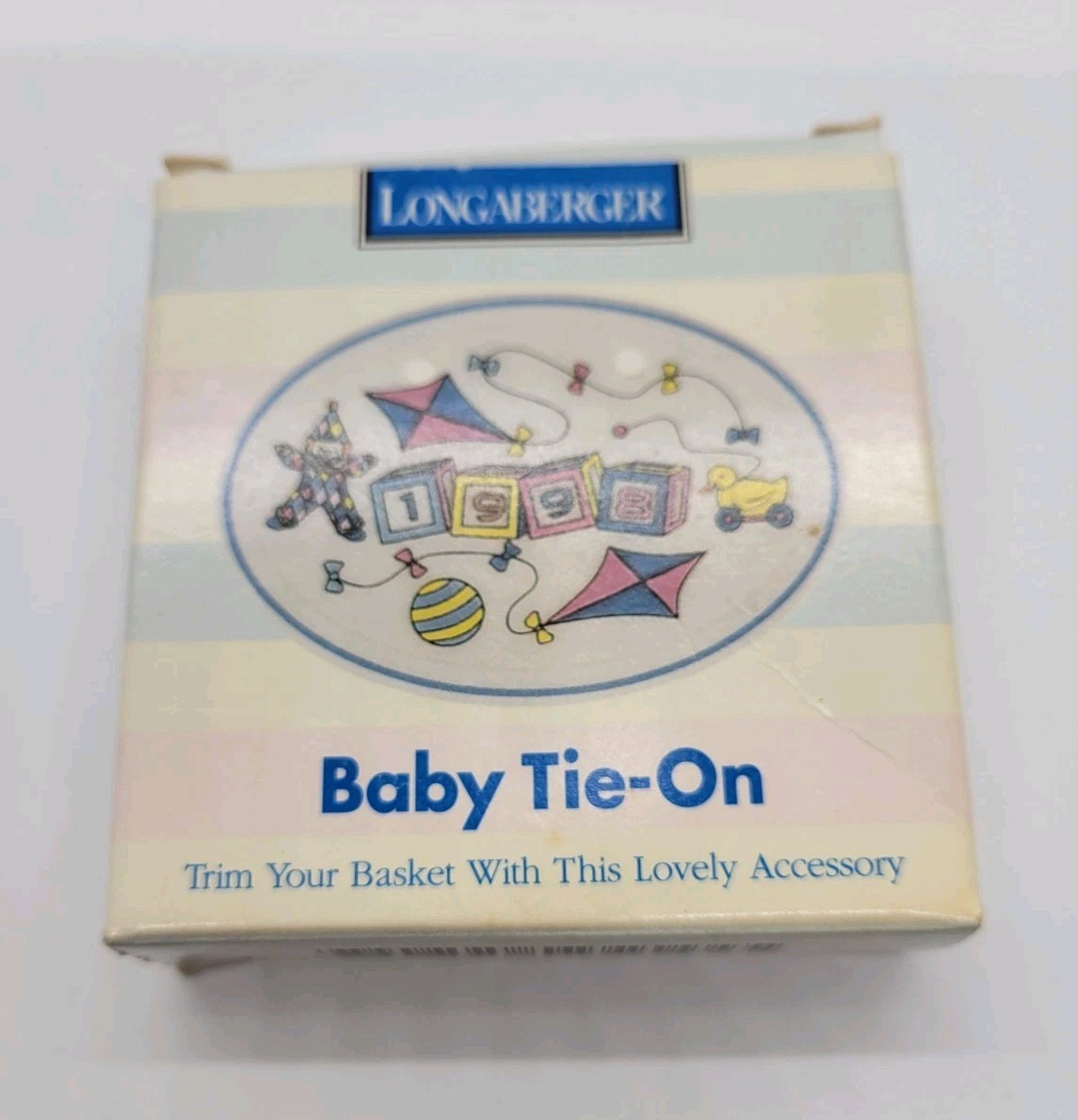 Longaberger 1998 Baby Tie-On with Box Ceramic NIB Ribbon Blocks Pastels
