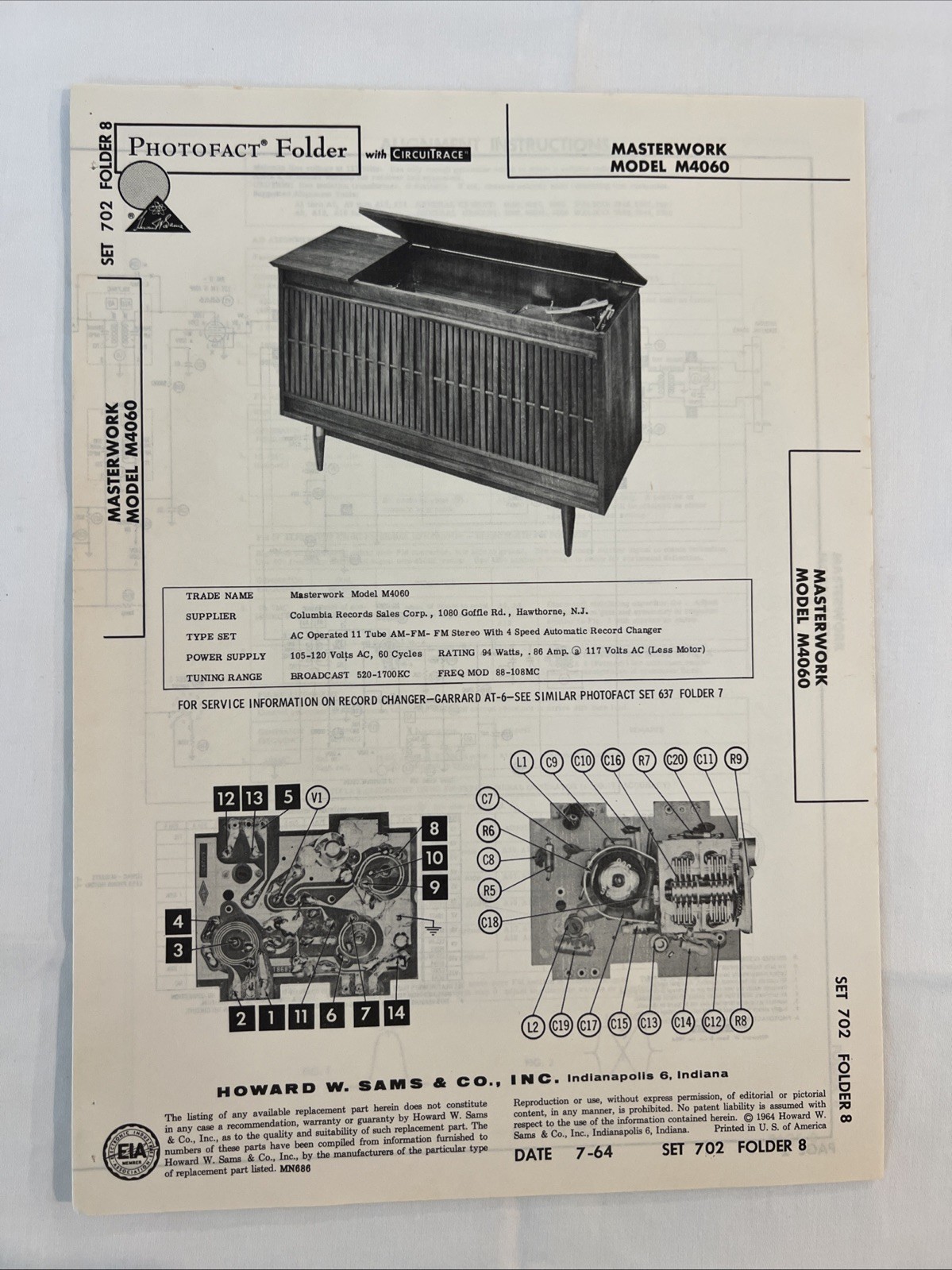 Vintage Sams Photofact Schematic 7-1964 MASTERWORK MODEL M4060