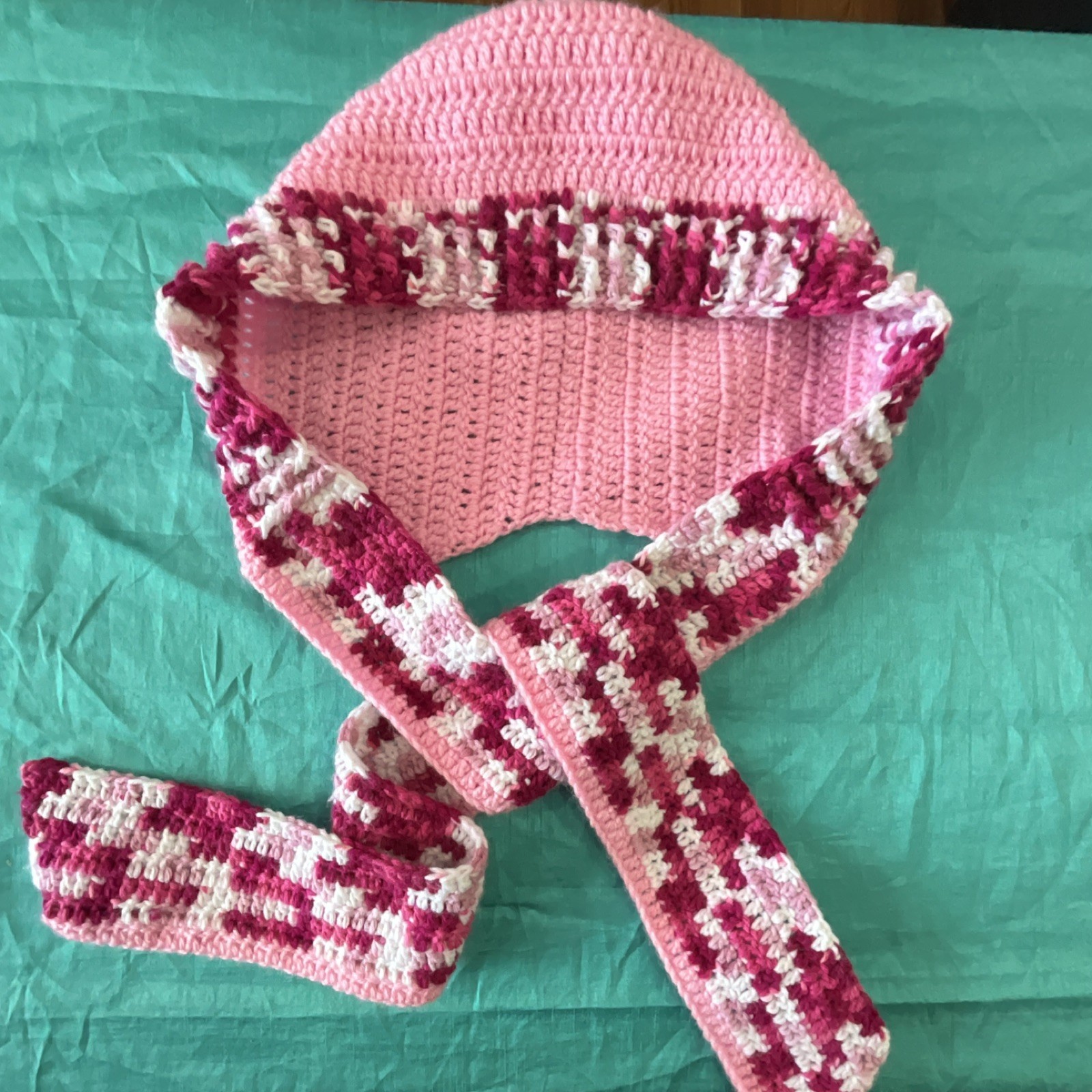 Handmade Crochet Pink Hat with Long Ties and Ear Flaps