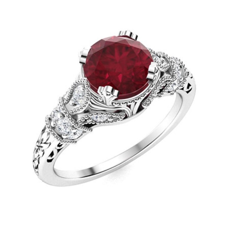 Vintage 6mm Round Ruby Ring 925 Sterling Silver Milgrain Engagement Band