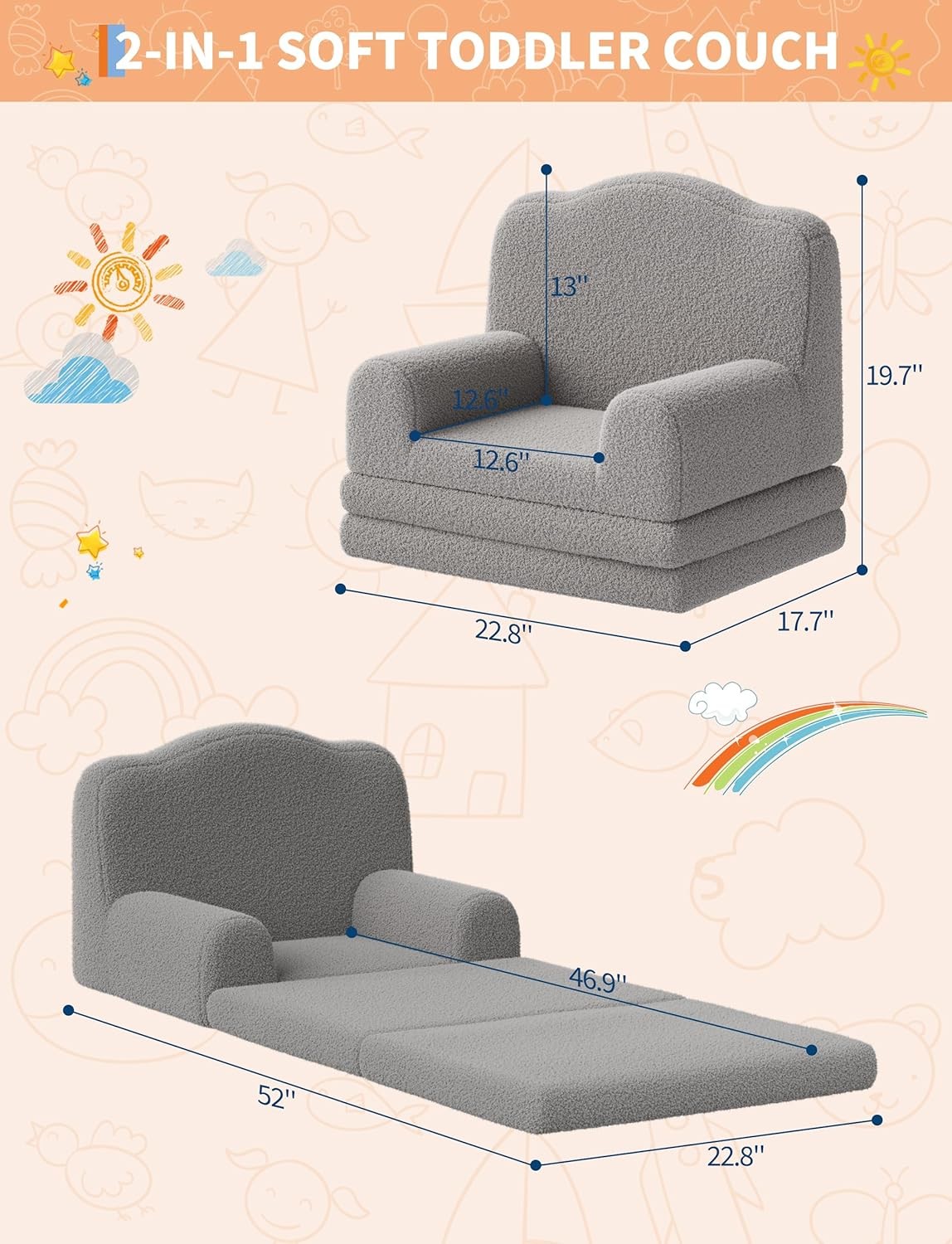 Kids Couch 2in1 Comfy Toddler Couch Fold Out Convertible Sofa Lounger Kids Chair