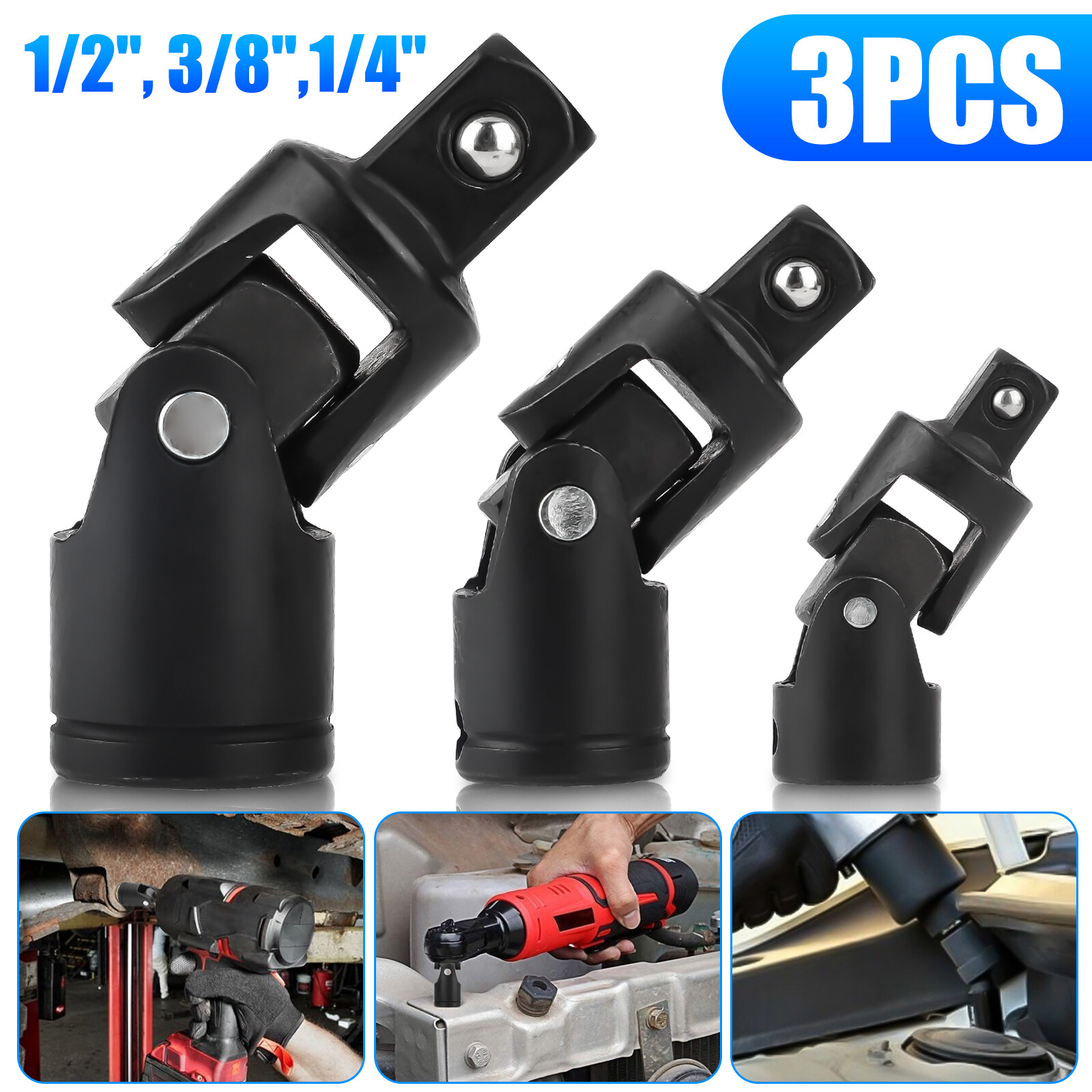 3Pcs 1/4" 3/8" 1/2" Drive Swivel Impact Universal Joint Socket Set Adapter Tool