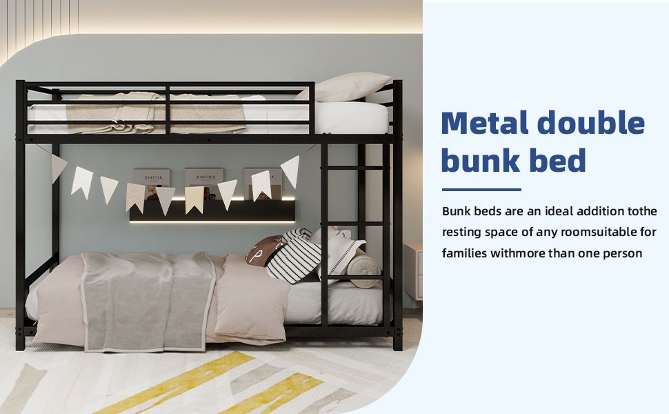Metal Twin over Twin Bunk Bed Heavy-duty Sturdy Metal w/ Safety Guardrail Black