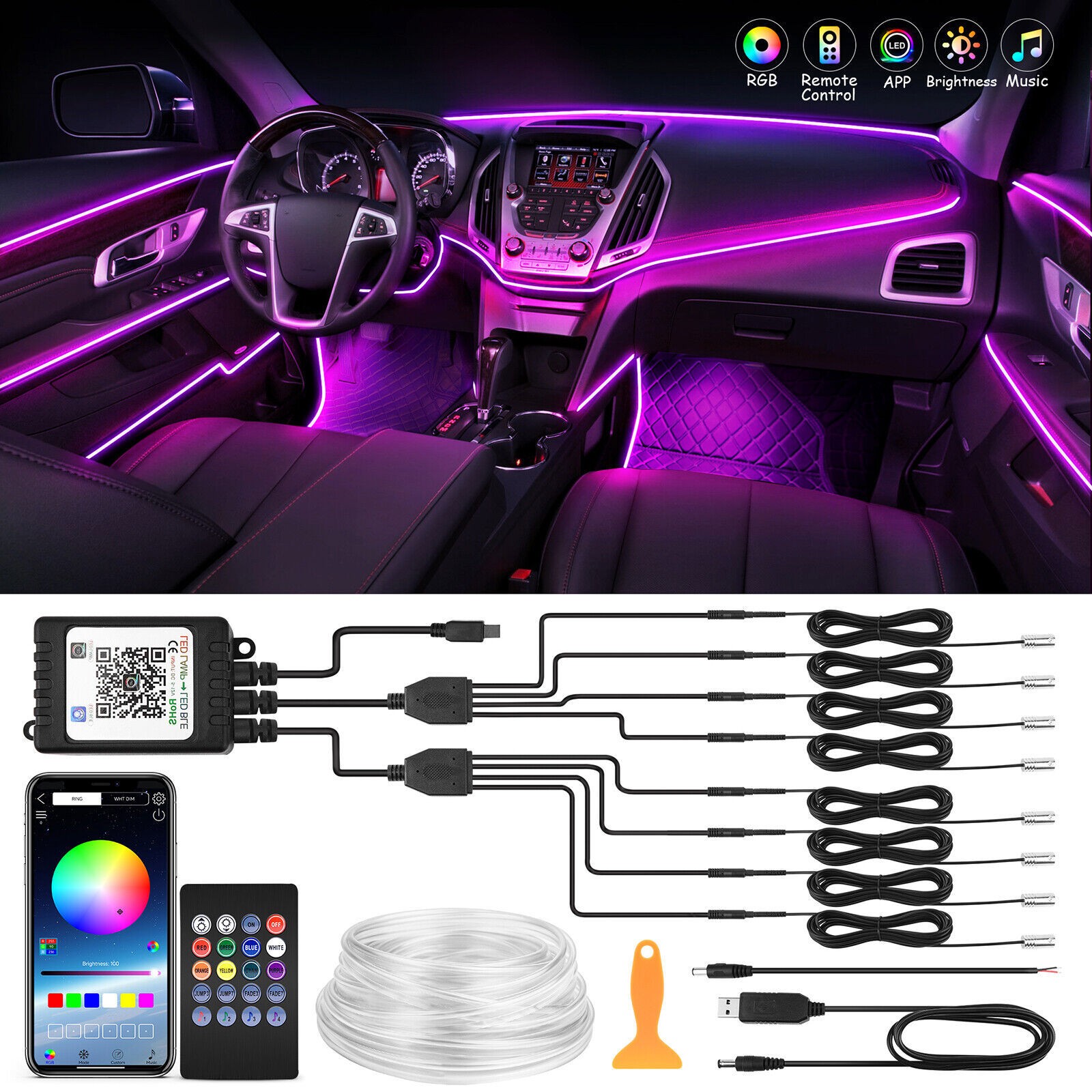 10M RGB 8 in 1 RGB Car Atmosphere Interior LED Guide Fiber Optic Ambient Light