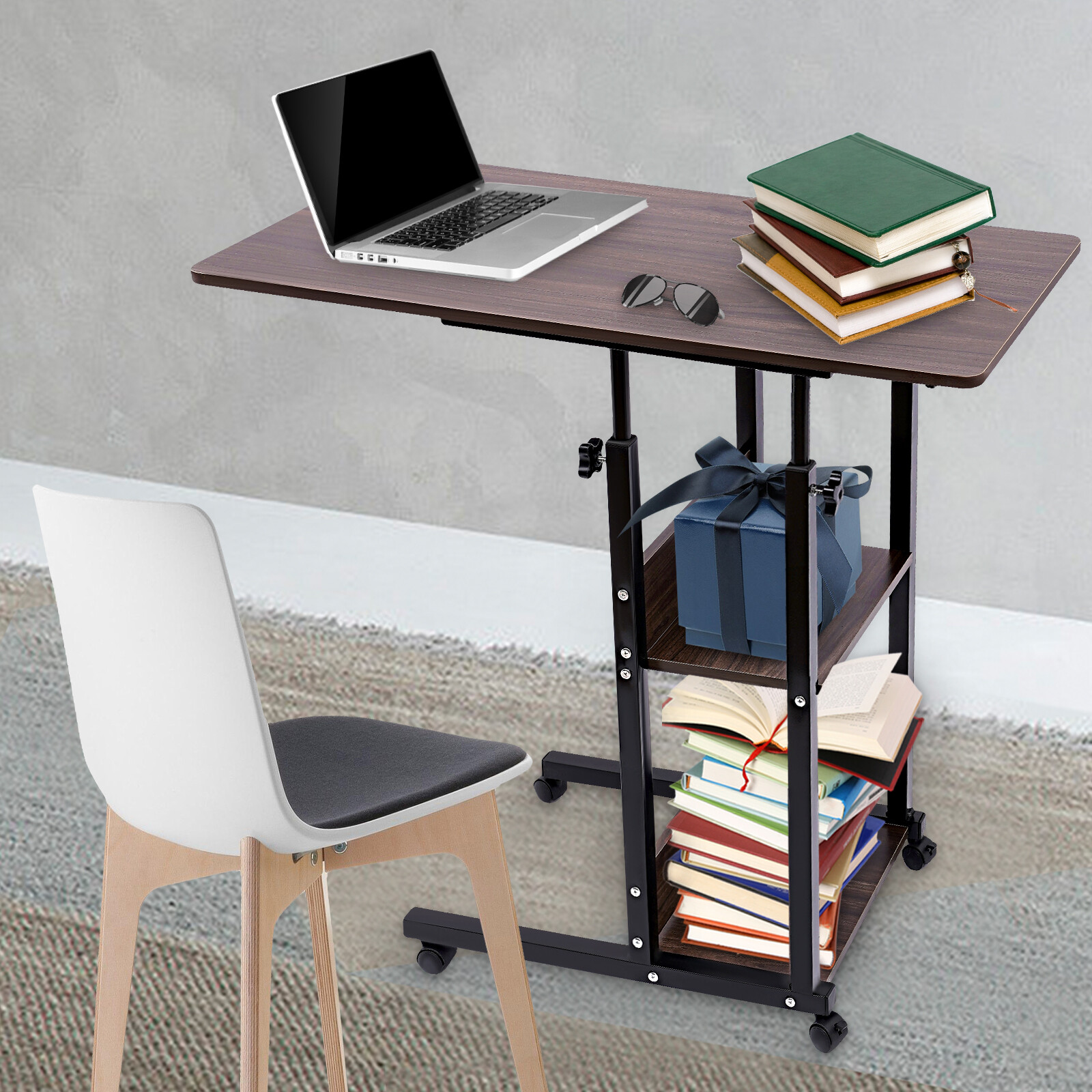 Height Adjustable C Table with Wheels and Storage Shelves for Couch Bed Recliner