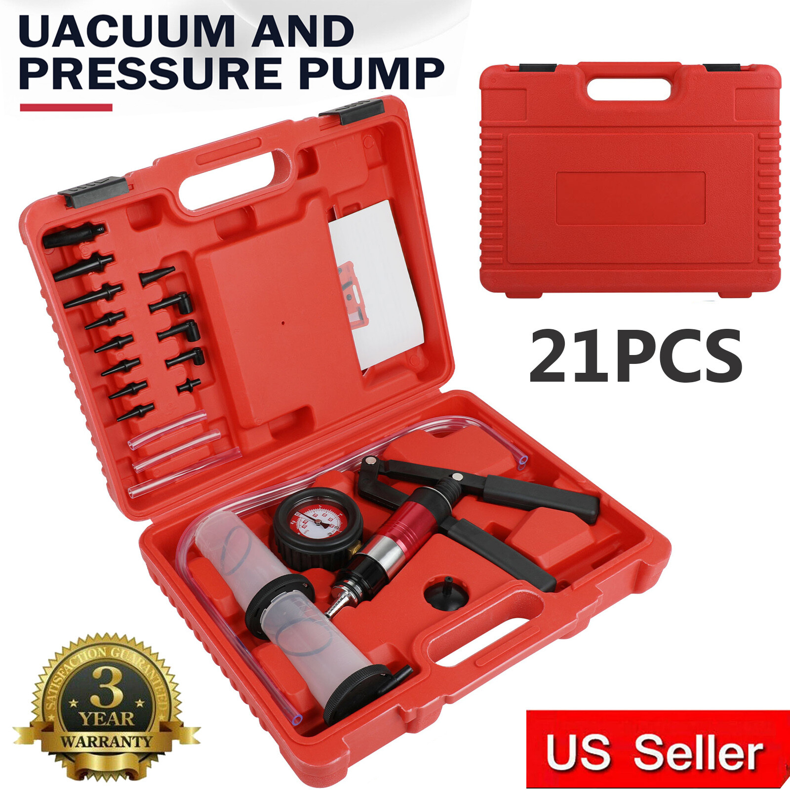 21Pcs Hand Held Vacuum and Pressure Pump Tester Tool Brake Bleeder Kit + Case US