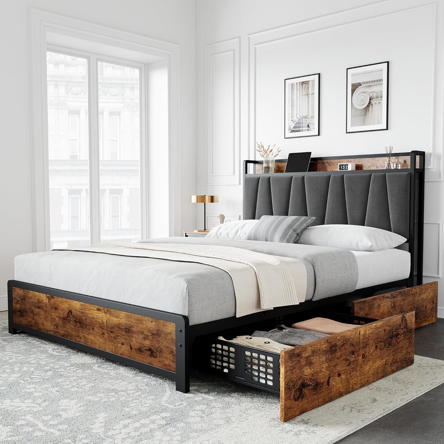 Full Size Bed Frame with 4 Storage Drawers and Linen Upholstered Headboard, Full