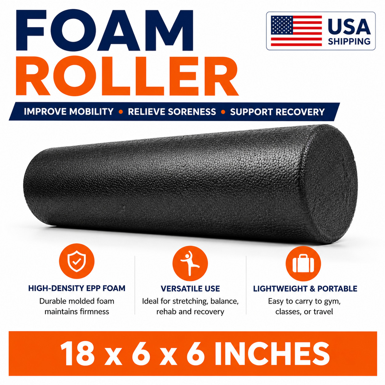 18 inc High Density EPP Foam Roller Muscle Recovery Gym Yoga Pilates