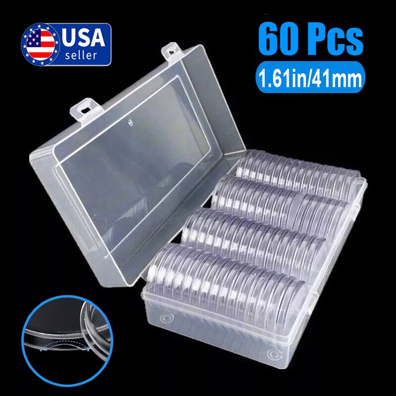 60Pcs 41mm Round Clear Coin Capsule Holder Container Case w/ Storage Box Capsule