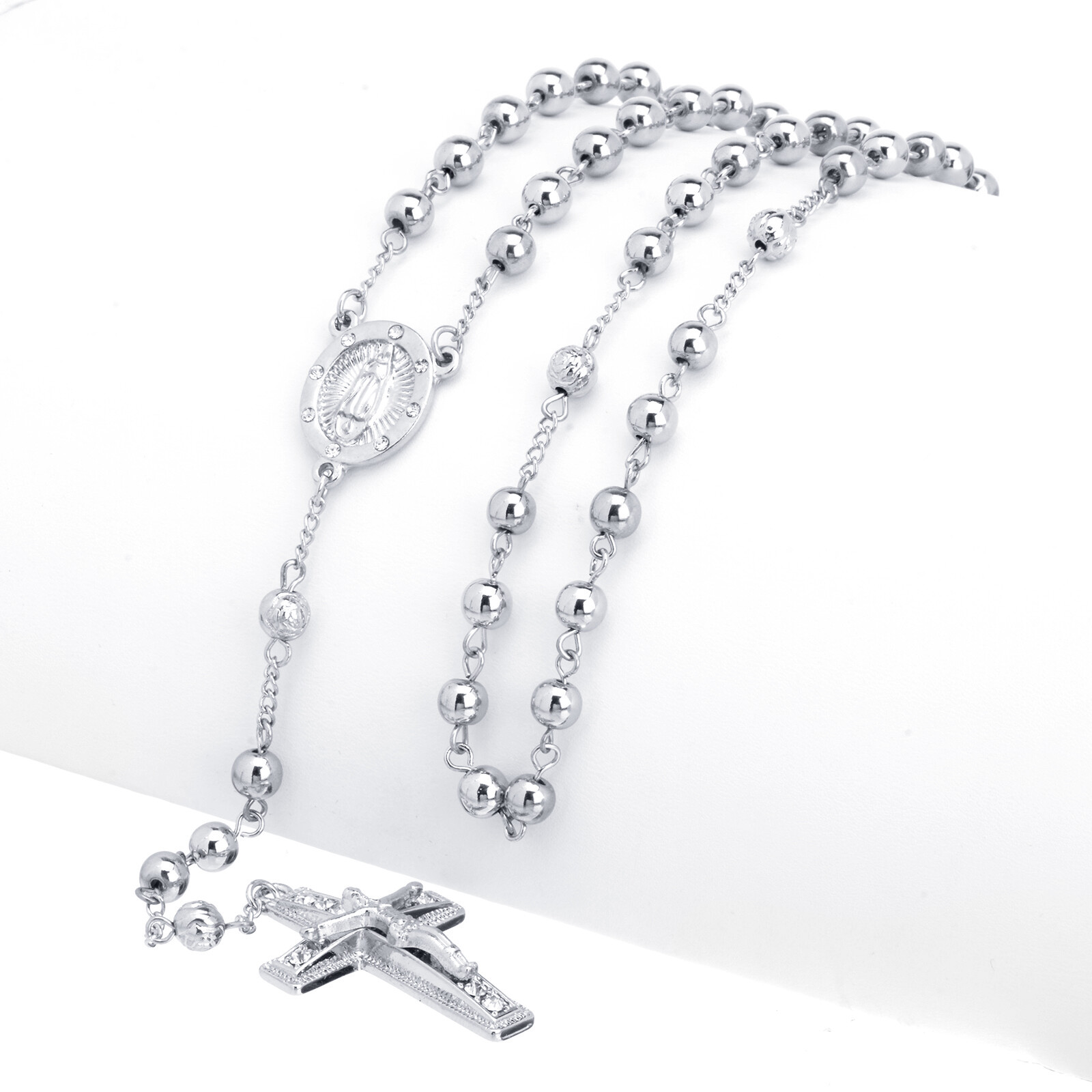 Men's Women's Silver Bead Virgin Mary Guadalupe Cross 28" Rosary Necklace HR600S