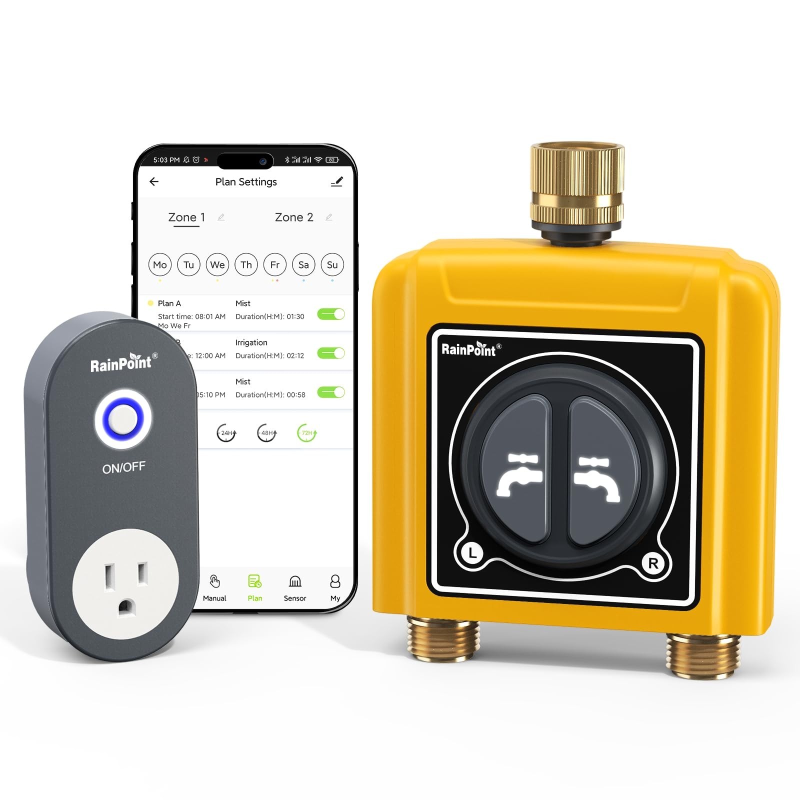 RAINPOINT 2-ZONE WIFI WATER TIMER WITH BRASS INLET & OUTLET, WIFI HUB SOCKET