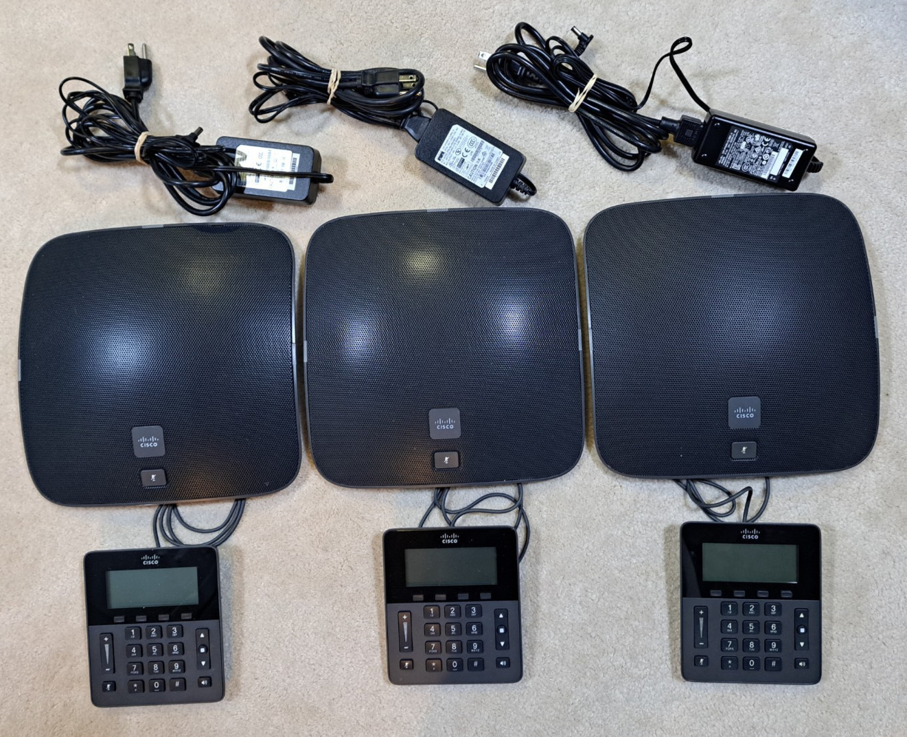 Lot of 3 CP-8831 Cisco United IP Conference Phones w Control Pads & Power Supply