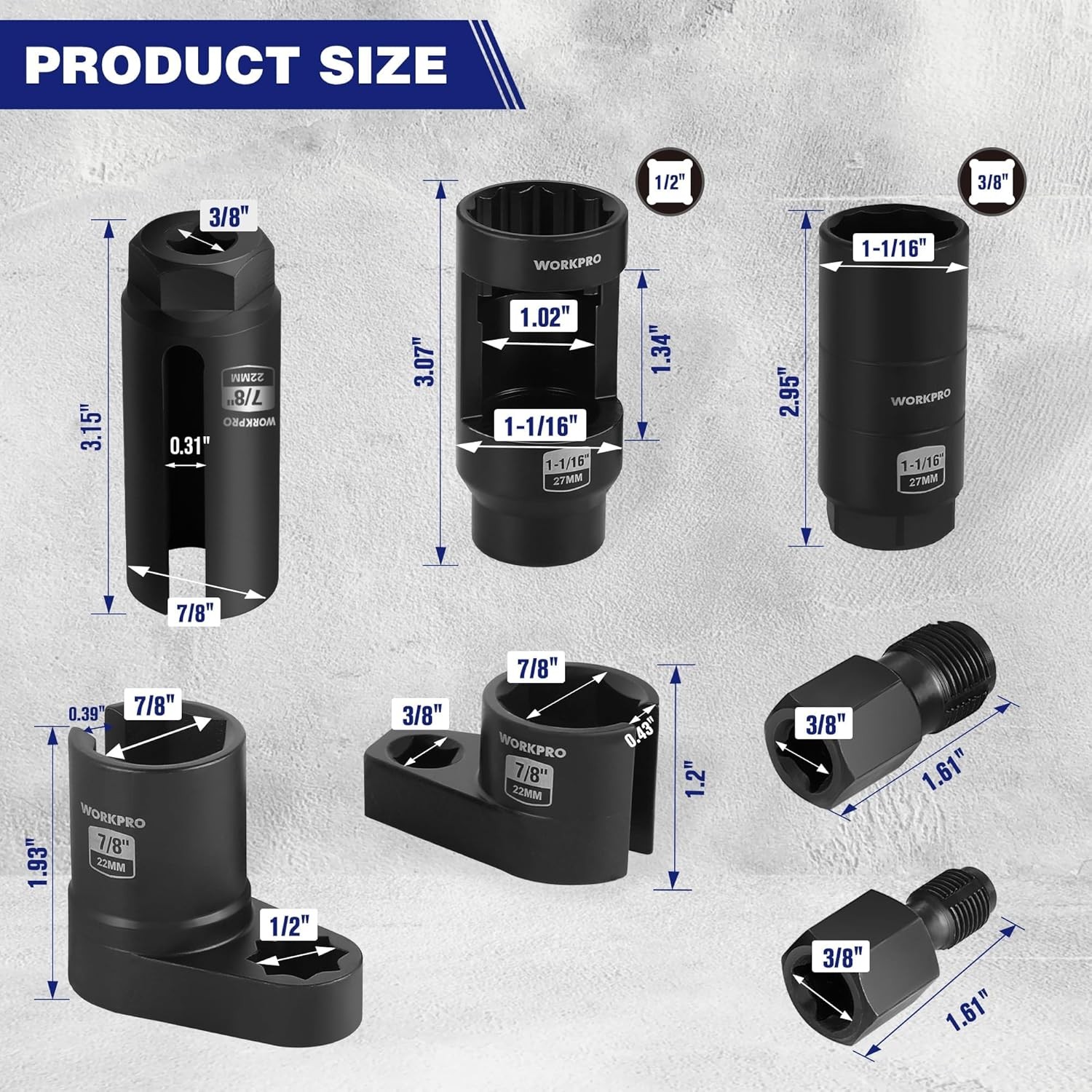 WORKPRO 7PC O2 Oxygen Sensor Socket Automotive Removal Tool Wrench Thread Chaser