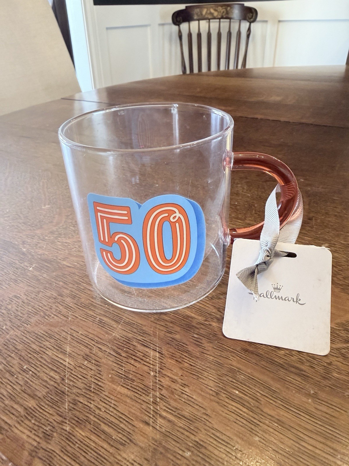 Hallmark "50" Clear Glass Coffee Mug with Orange Handle and Blue Accent NWT