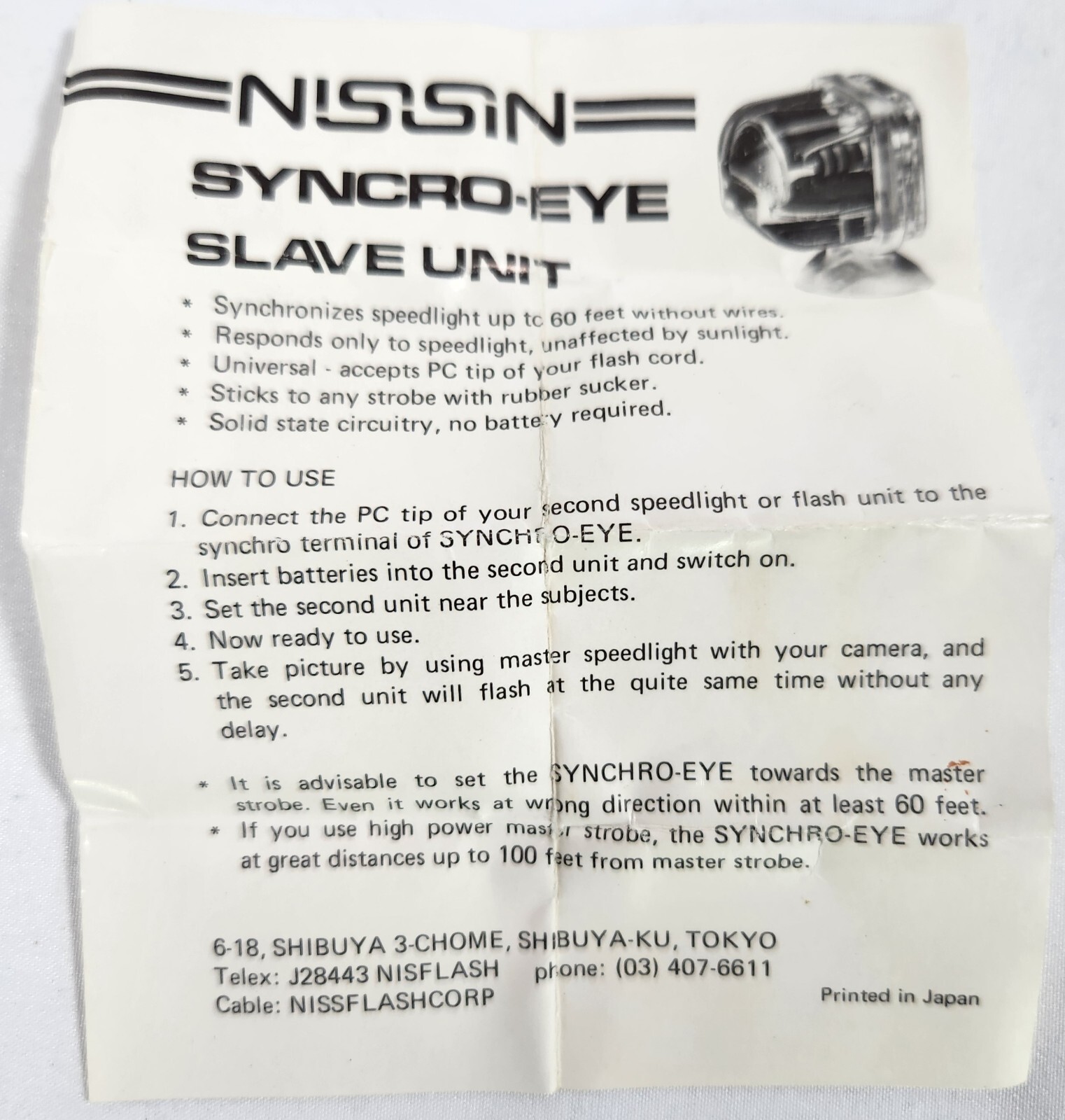 NISSIN SYNCHRO EYE MICRO CAMERA FLASH SLAVE PC CONNECT TRIGGER SUCTION CUP