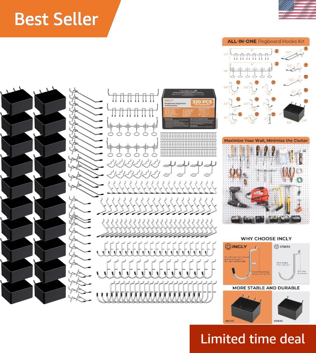 320-Piece Pegboard Storage Solution with  Hooks and Bins—Durable Design