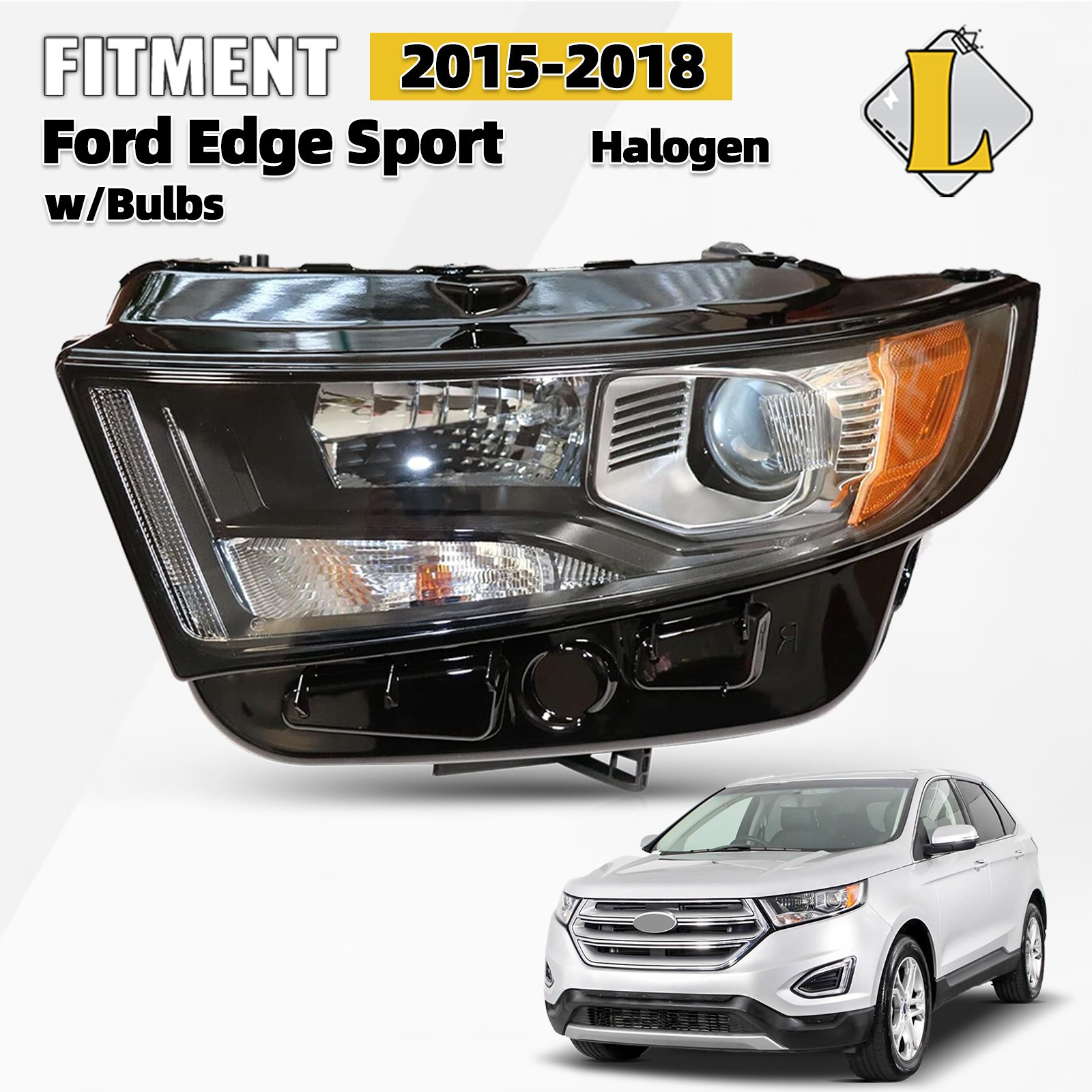 Halogen Headlight For 2015-2018 Ford Edge Sport Black Left Driver Side with Bulb
