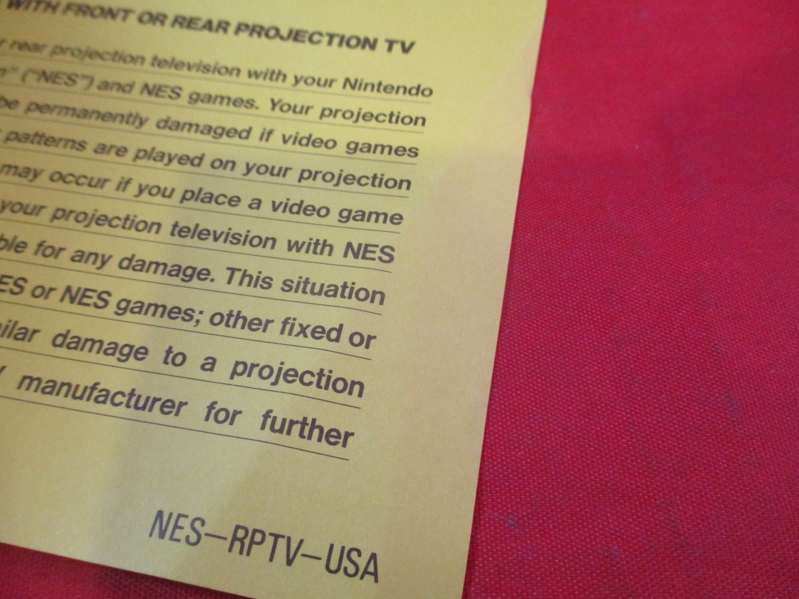 Warning Do Not Use With Projection TV Nintendo NES Console System Yellow Insert
