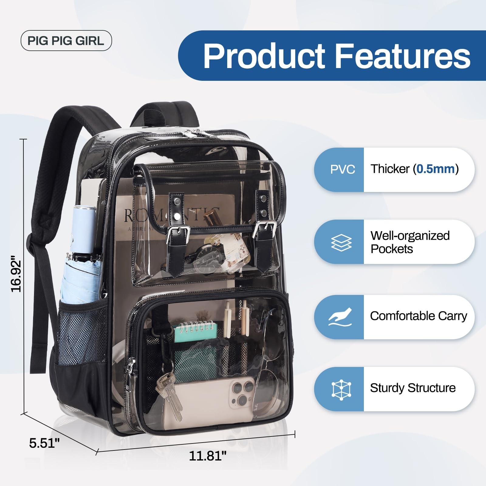 New Clear Backpack Heavy Duty PVC Clear Bookbag Transparent Backpack See Through