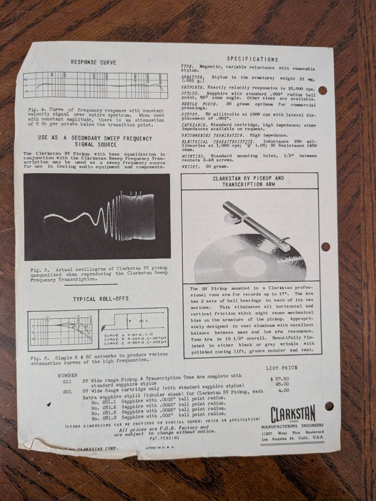 Clarkstan Corp. RV Variable Reluctance Pickup Cartridge & Sweep Generator Sheets
