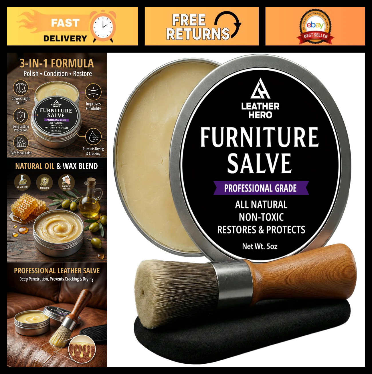 3-in-1 Leather & Wood Furniture Salve - Polisher, Conditioner, Restorer - 5oz Se