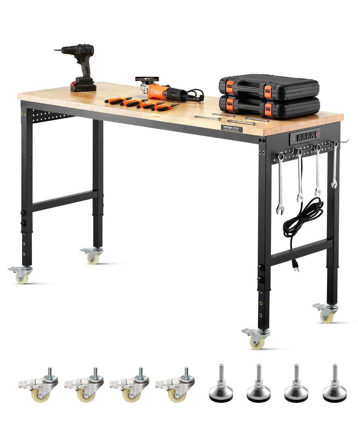 VEVOR 60"Workbench on Wheels Adjustable Height Table with Power Outlet &Pegboard