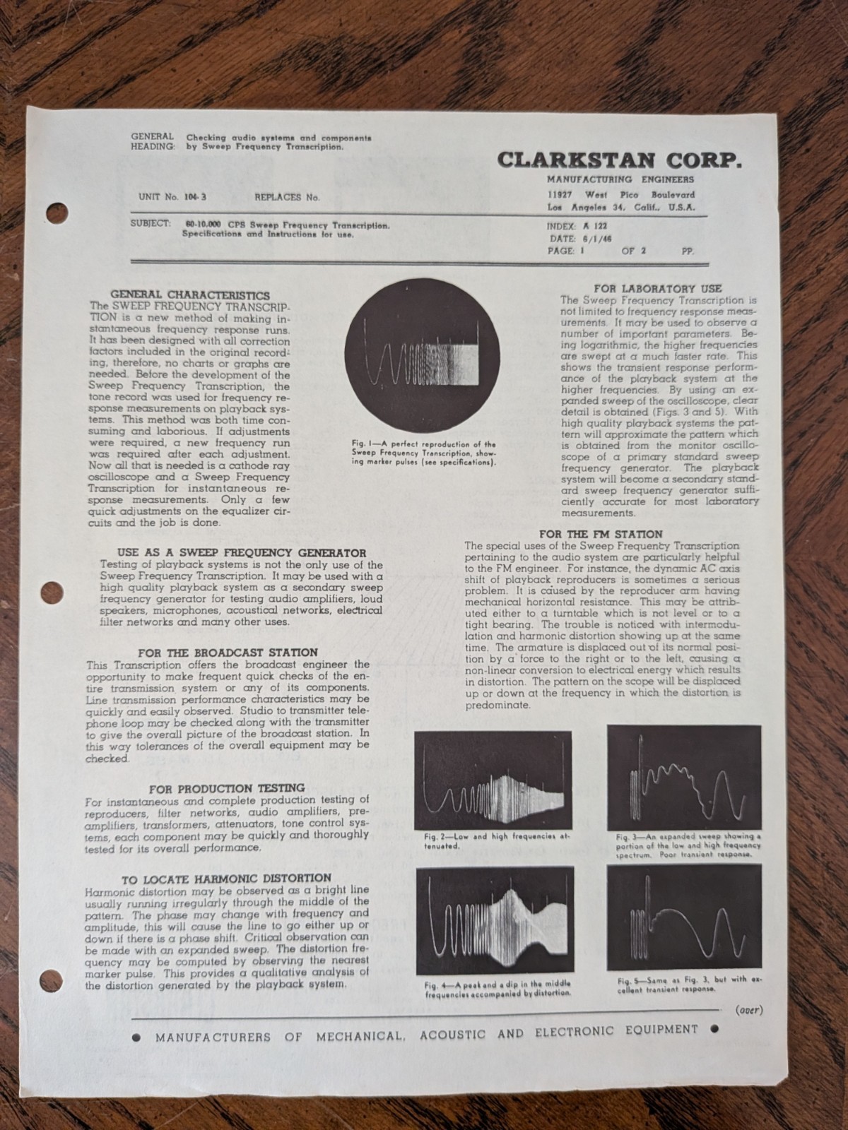 Clarkstan Corp. RV Variable Reluctance Pickup Cartridge & Sweep Generator Sheets