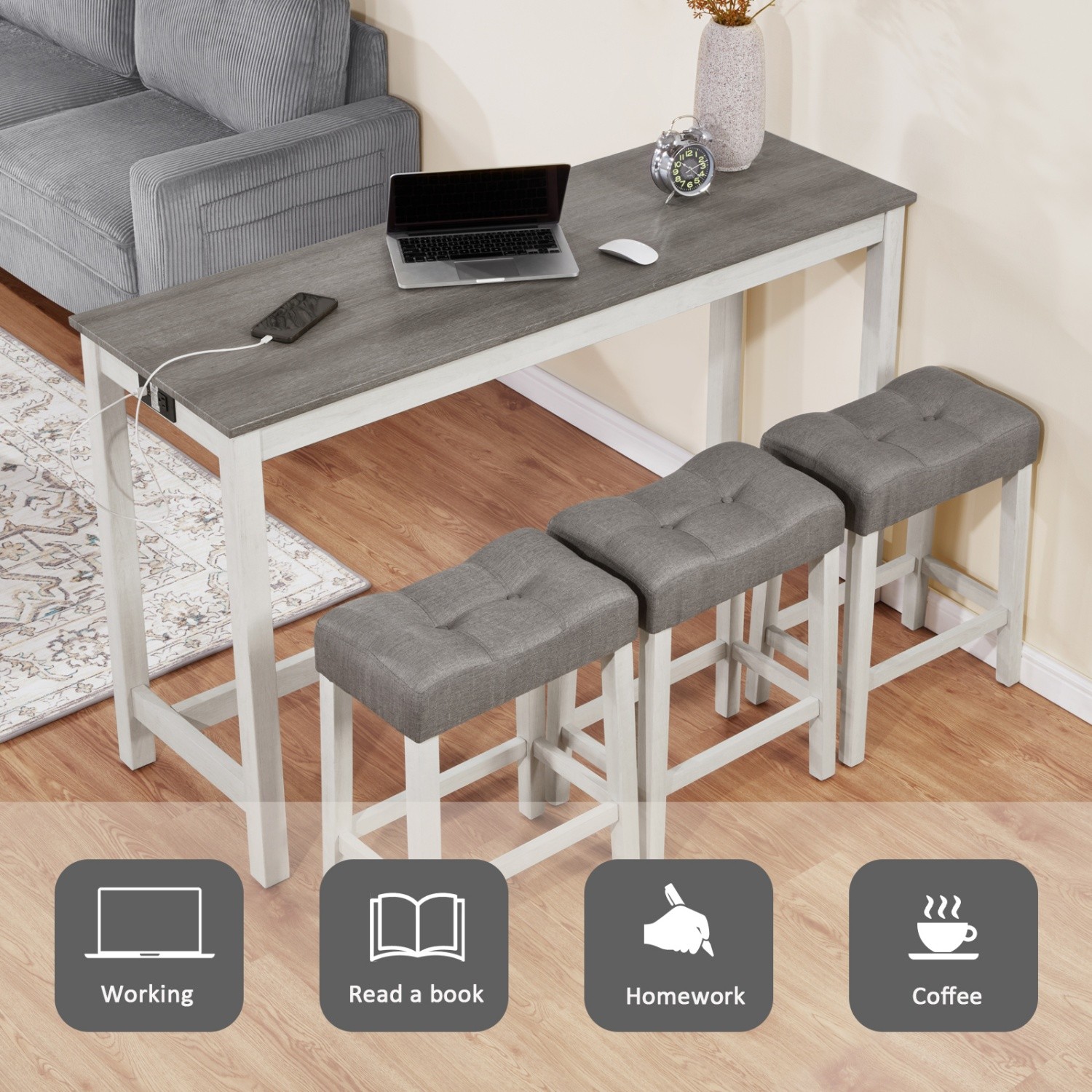 Counter Height Bar Table Set with USB Port Modern 4 Piece w/ 3 Saddle Stools