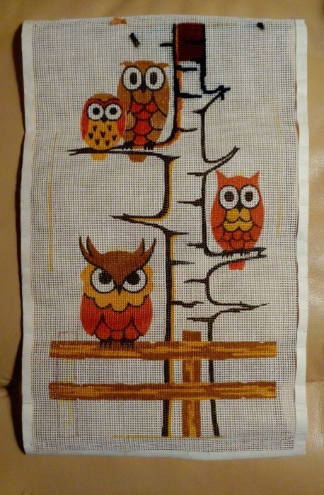 OWL  Needlepoint  painted Canvas 16x10 Owls on a tree 1970's