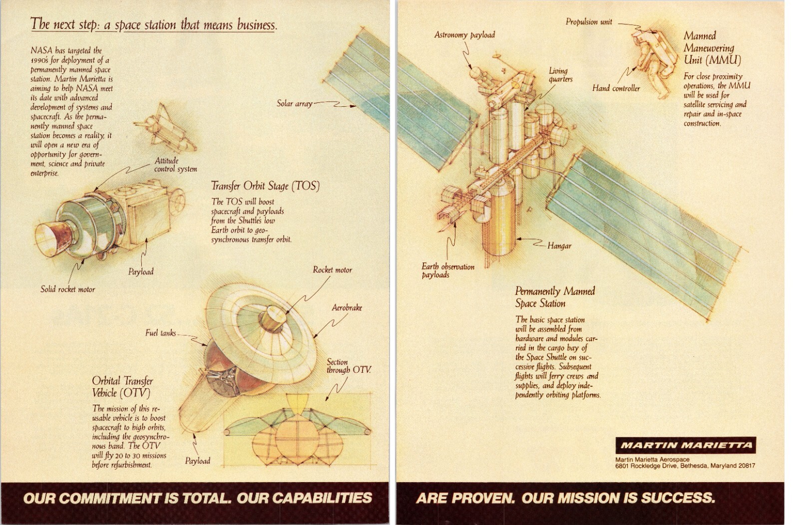 Martin Marietta Manned Space Station Vintage 2 Page Print Ad 1985