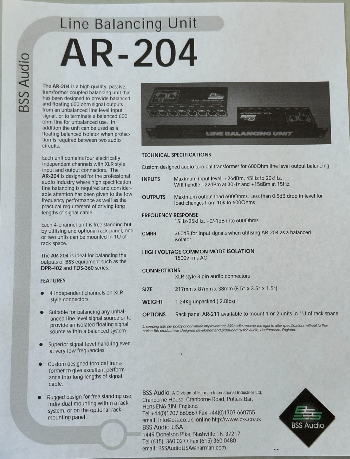 BSS BROOK SIREN AR 204 Quad Line Balancing Unit 4 IN X 4 OUT 15 HZ TO 25 K