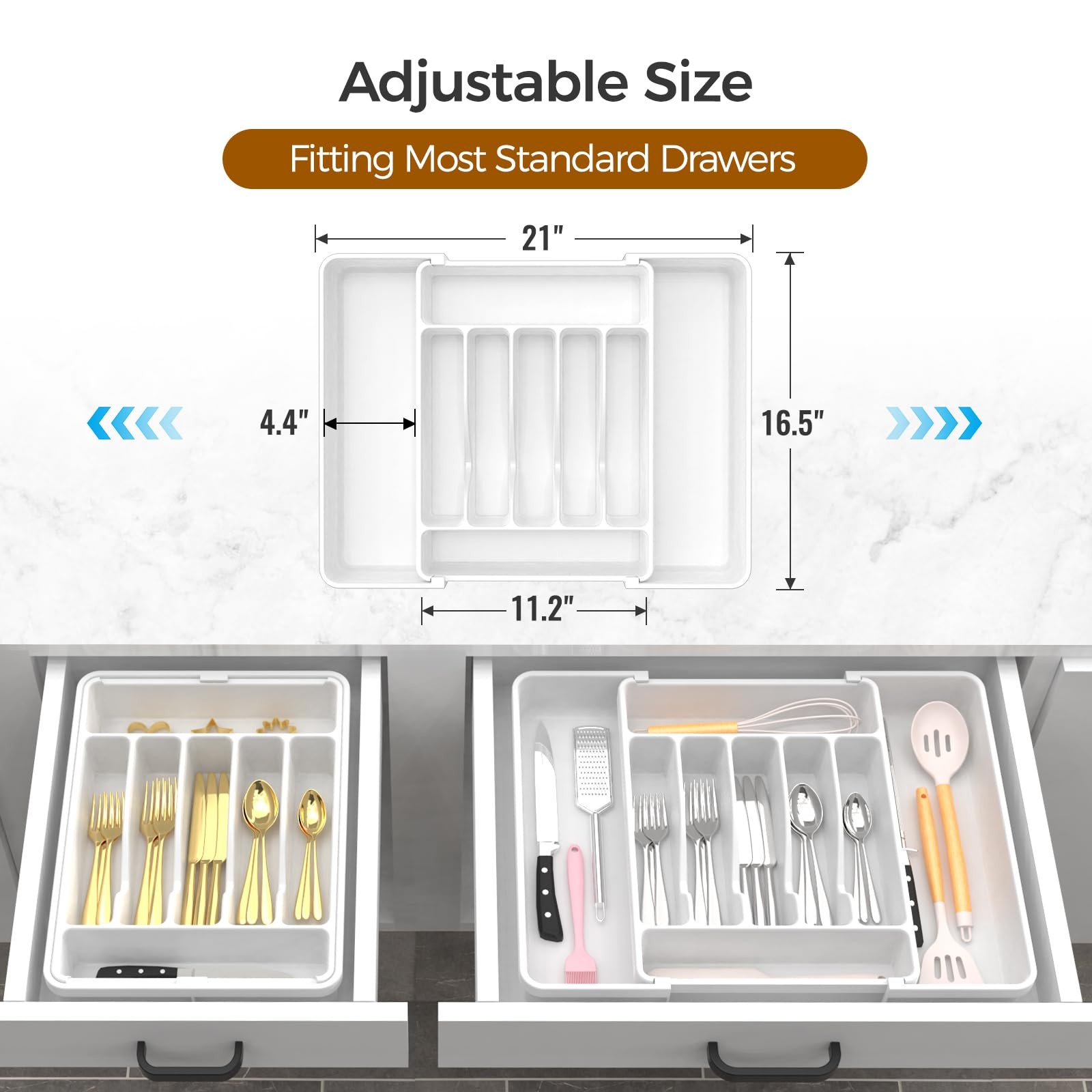 ukeetap Extra Large Expandable Silverware Organizer, BPA-Free Food-Safe White
