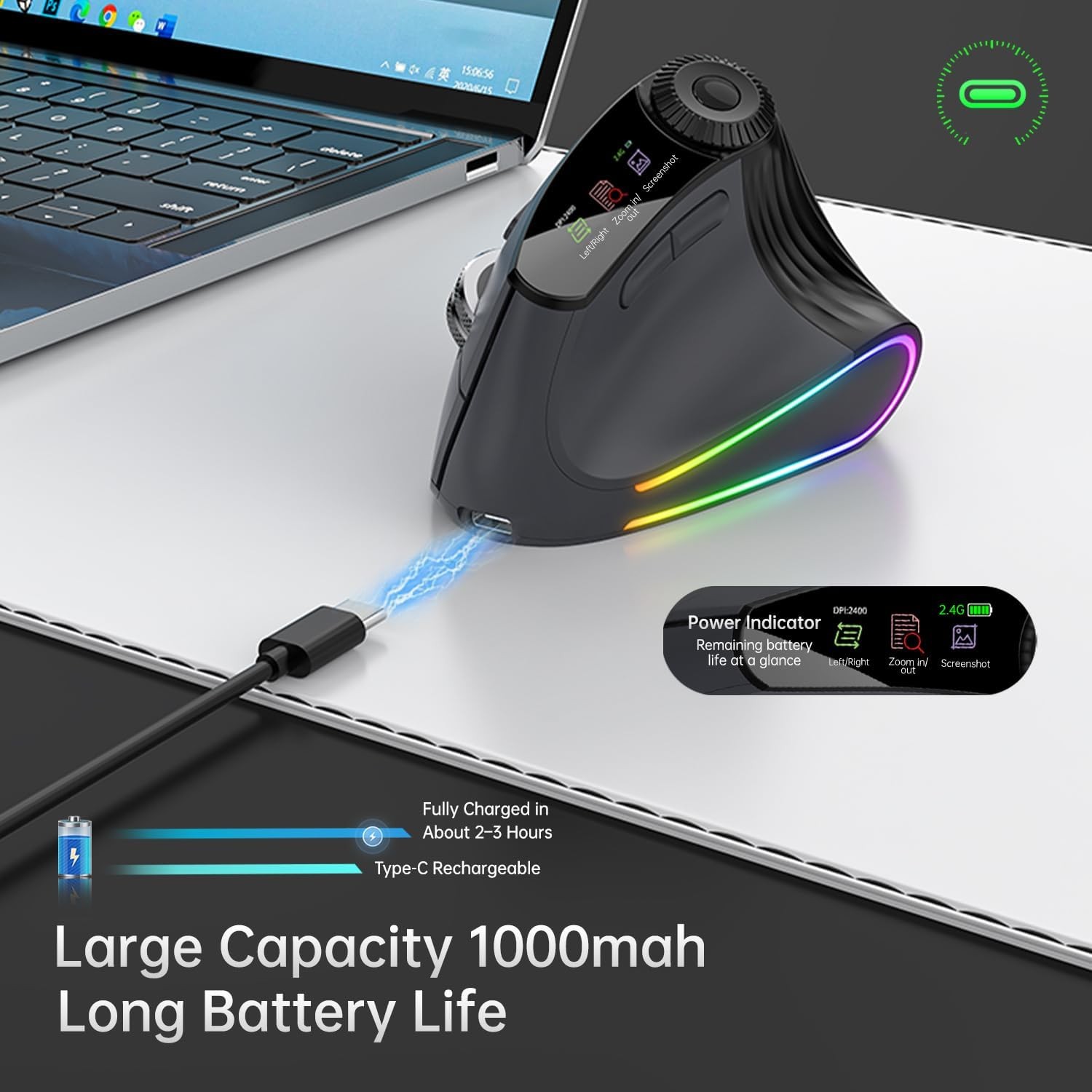 Ergonomic Vertical Mouse Wireless, Rechargeable Bluetooth
