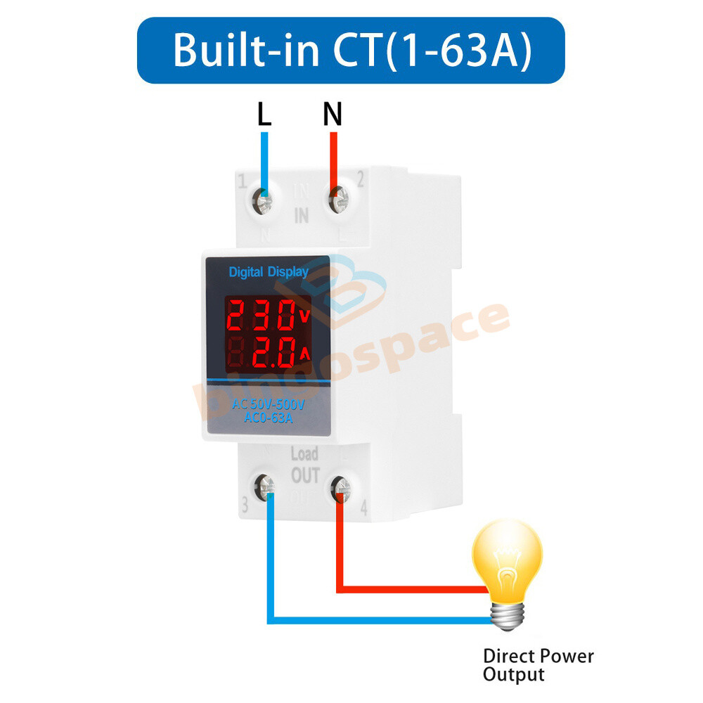 Single-phase Voltage Current Meter AC50-500V 63A DIN Rail Digital Voltmeter US