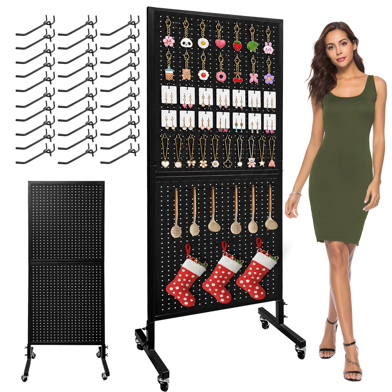 Mobile Black Metal Pegboard Display with 30 Hooks - 2x5.5 Feet