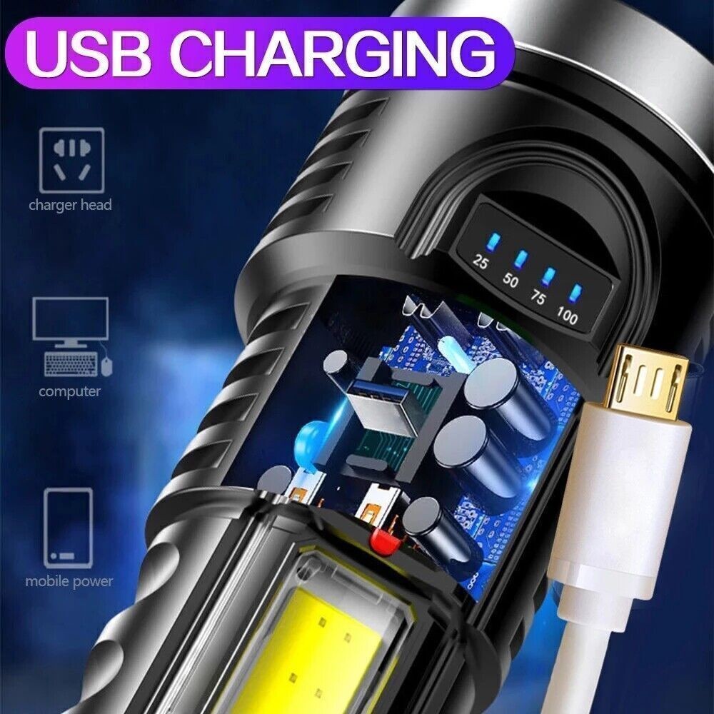 4 Modes Rechargeable Flashlight Super Bright Multi-function Camping COB Torch