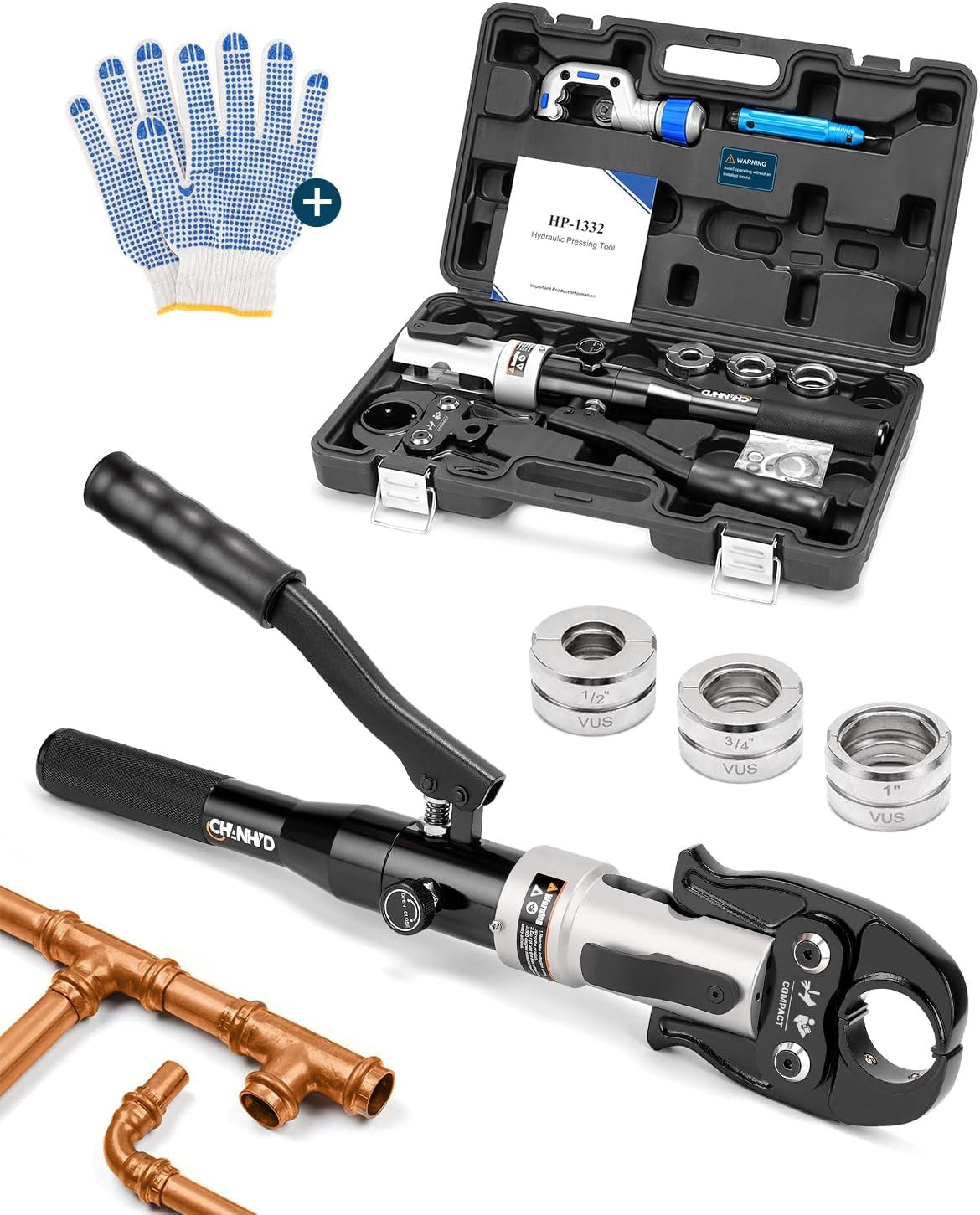 Copper Tube Fittings Hydraulic Pipe Crimping Tool with 1/2 Inch,3/4 Inch and 1 I