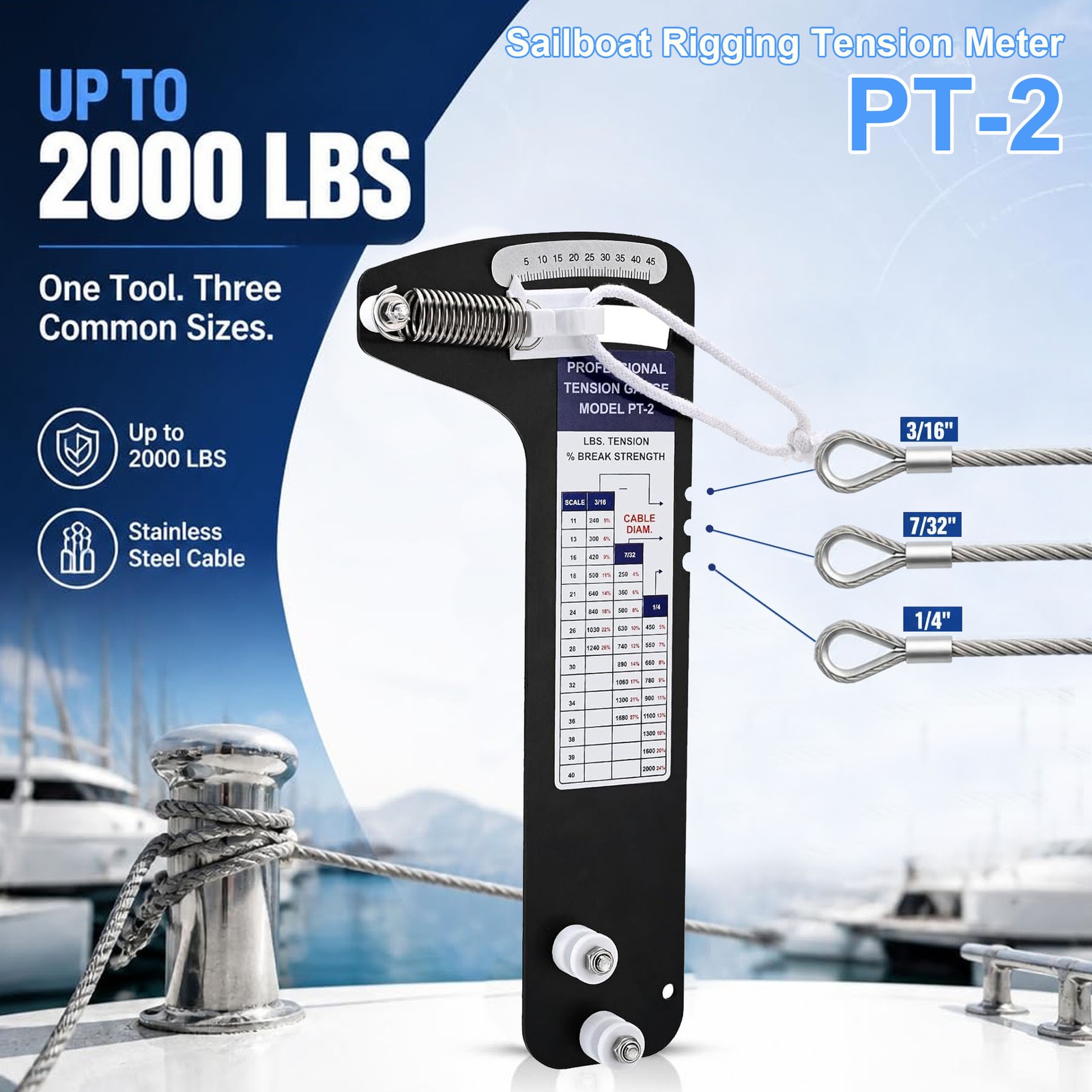 PT-2 Sailboat Rigging Tension Gauge 2000 lbs Professional Hands-Free Tool