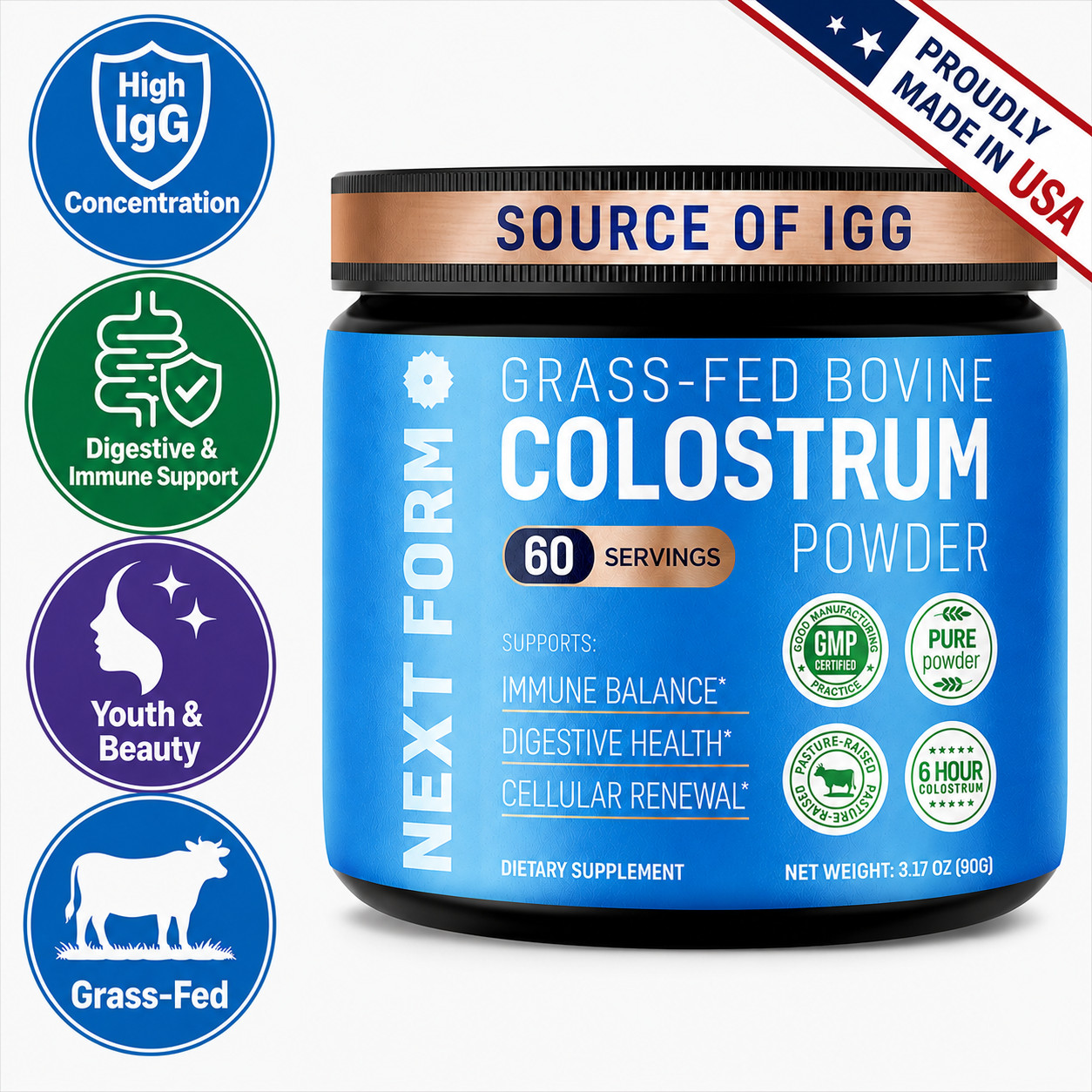 Bovine Colostrum Powder 25% IgG Grass Fed Immune Support Unflavored 3.17oz 90g