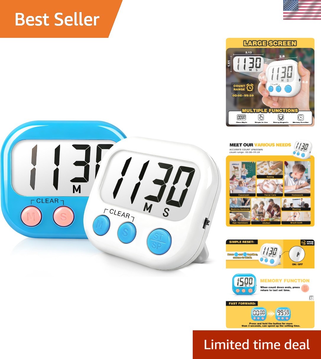 Set of 2 Easy-To-Use Timers with Memory Setting - Ideal for Classroom Activities