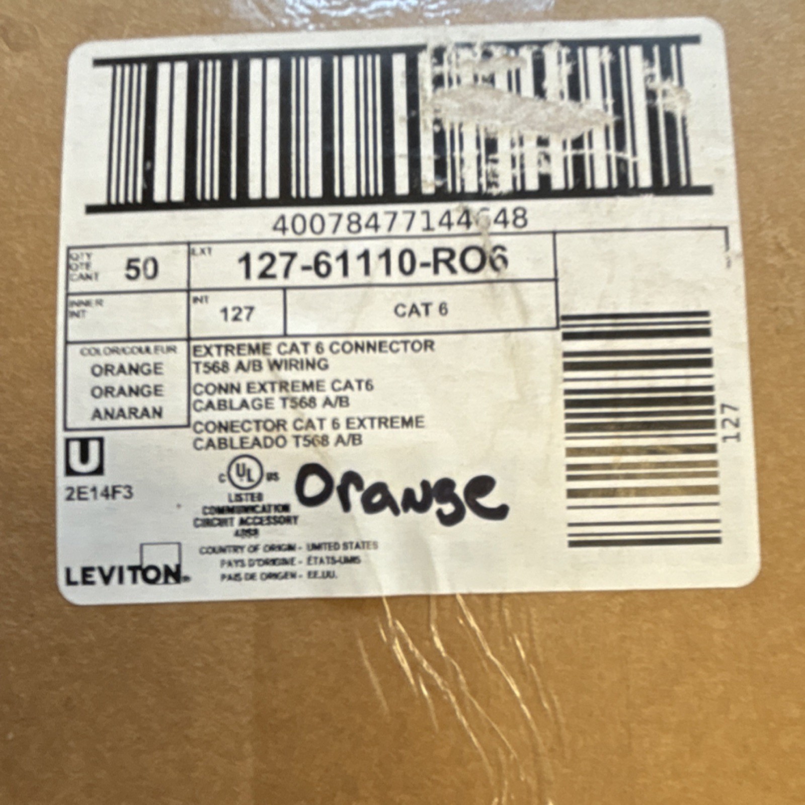 Leviton Extreme Cat 6 Connector Orange In-Line 22-24 AWG 127-61110-R06 Box of 50